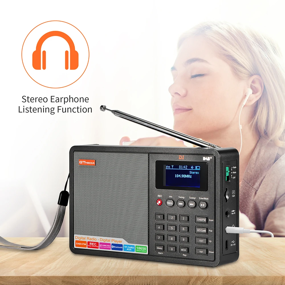Portable Radio DAB+/FM+BT/Card/AUX Support BT TF Card Digital Player Support Clock/Alarm/Sleep Timer with Time GTMEDIA D1