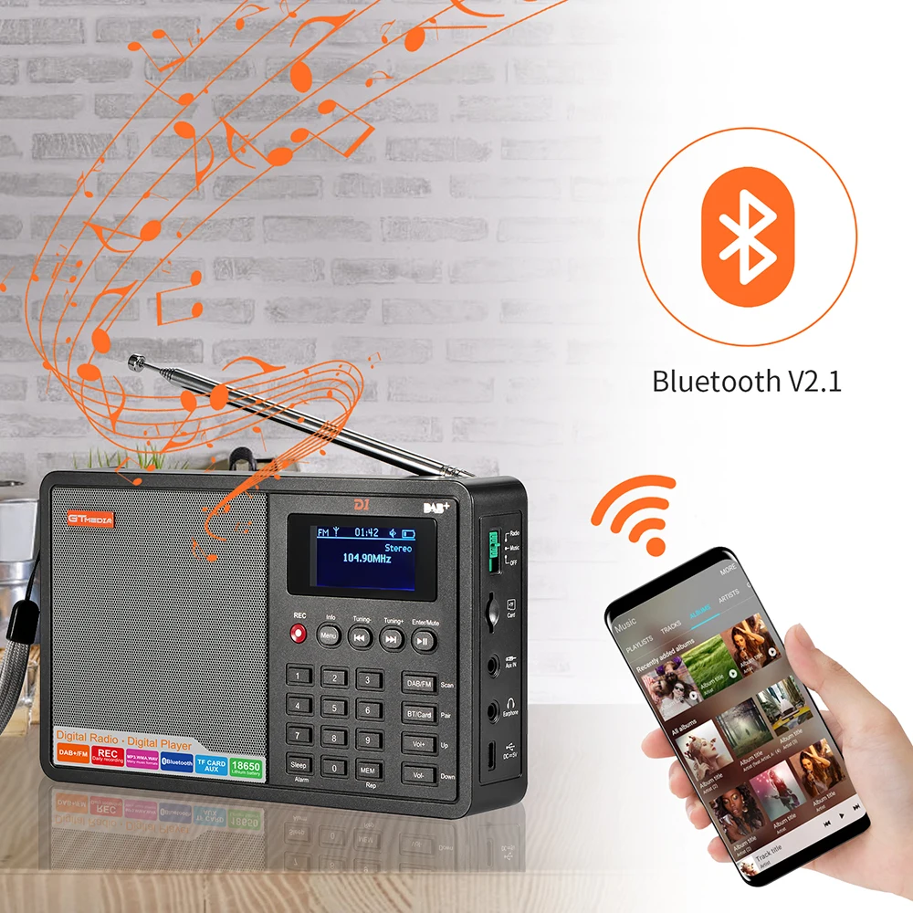 Portable Radio DAB+/FM+BT/Card/AUX Support BT TF Card Digital Player Support Clock/Alarm/Sleep Timer with Time GTMEDIA D1