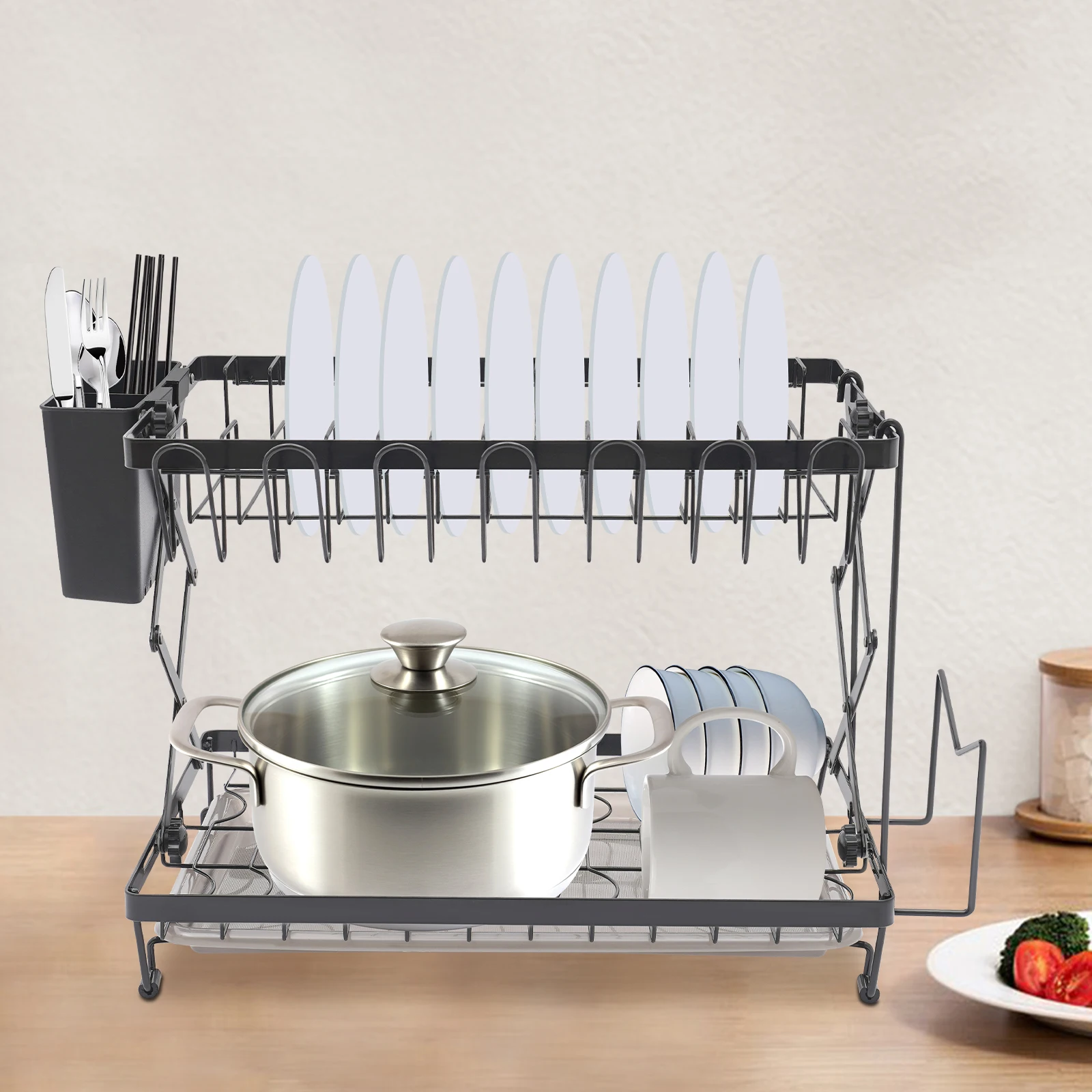 2 Tier Dish Drying Rack Rust-Resistant Foldable Dish Drying Rack with Anti-Slip Pads Dish Drying Rack for Home/Milk Tea Shops