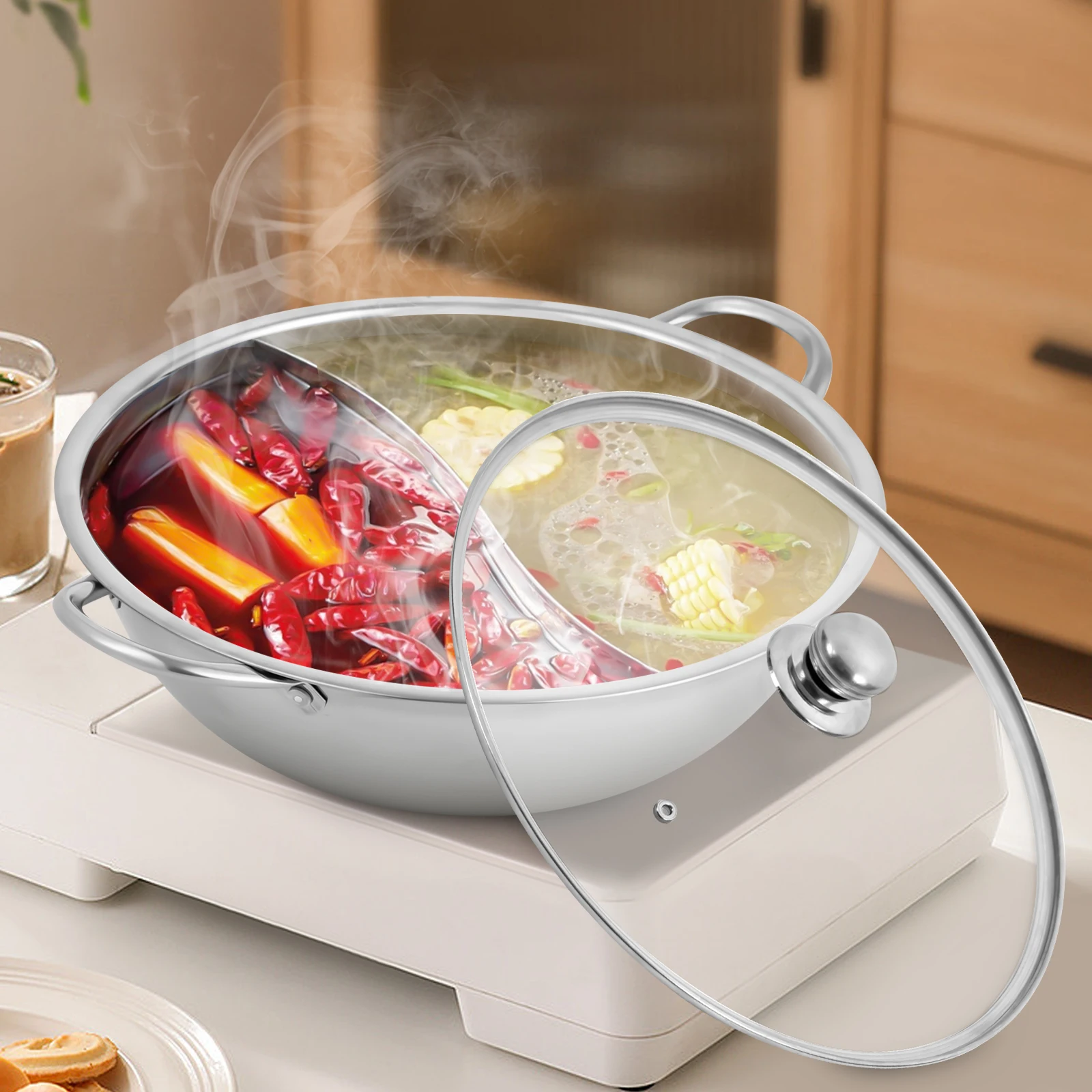 Silver 28cm Stainless Steel Double-Flavor Hot Pot With Cover Shabu Shabu Pot with Glass Lid For Kitchen Restaurants Homes