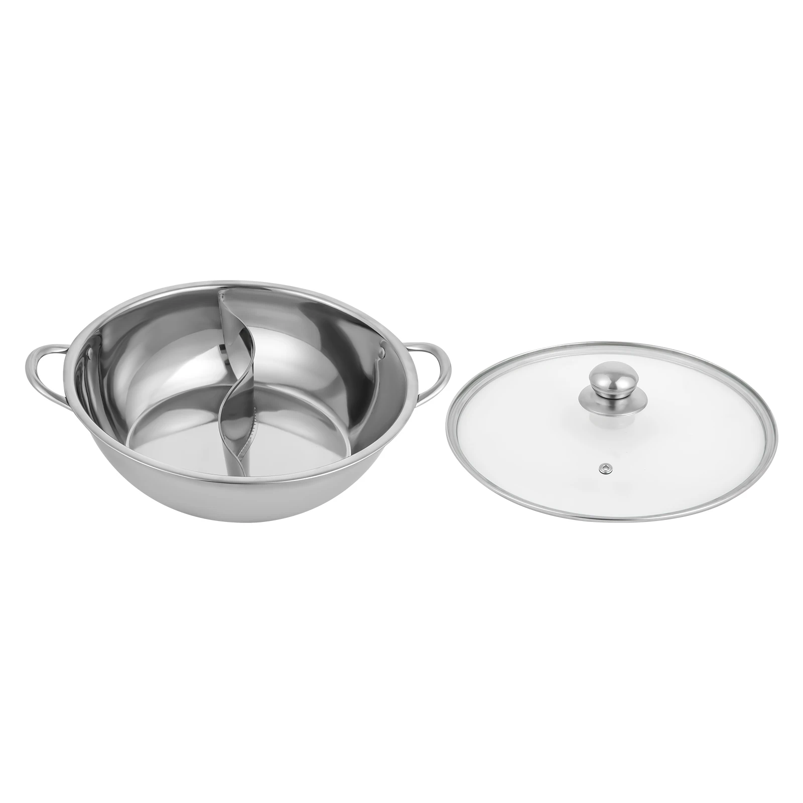 Silver 28cm Stainless Steel Double-Flavor Hot Pot With Cover Shabu Shabu Pot with Glass Lid For Kitchen Restaurants Homes