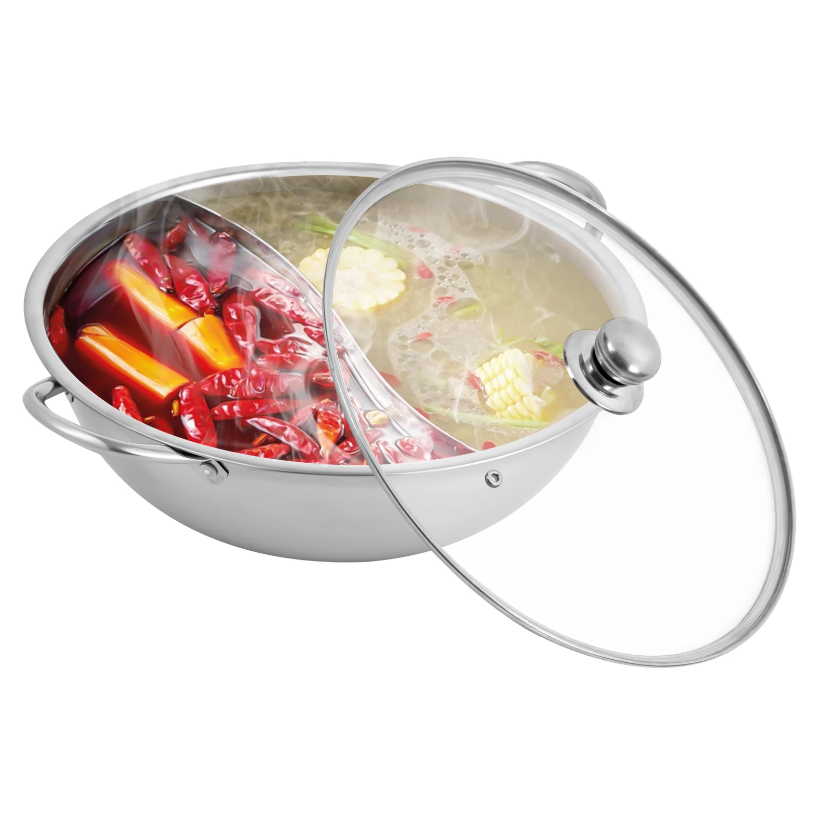 Silver 28cm Stainless Steel Double-Flavor Hot Pot With Cover Shabu Shabu Pot with Glass Lid For Kitchen Restaurants Homes