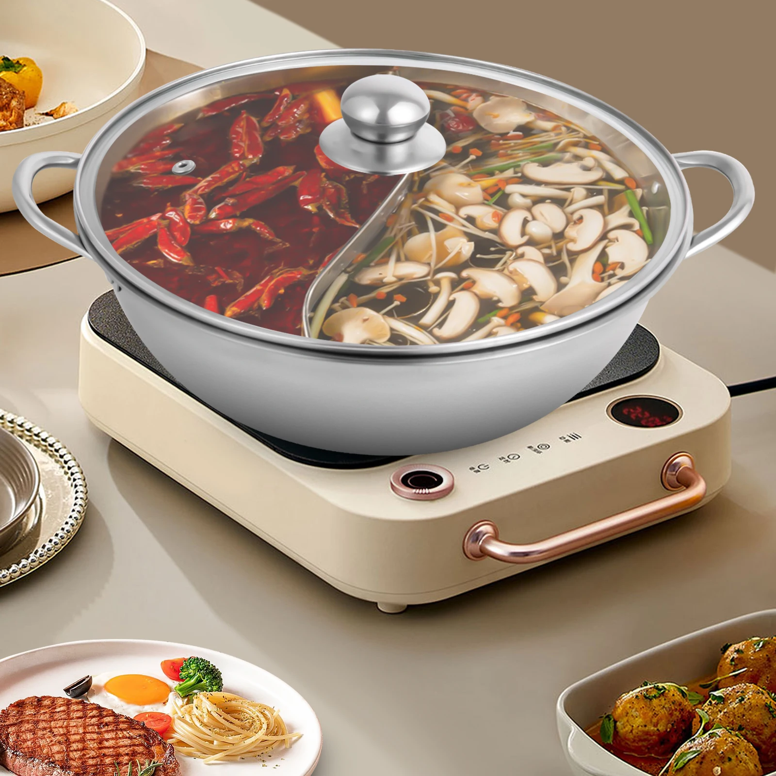 Silver 28cm Stainless Steel Double-Flavor Hot Pot With Cover Shabu Shabu Pot with Glass Lid For Kitchen Restaurants Homes