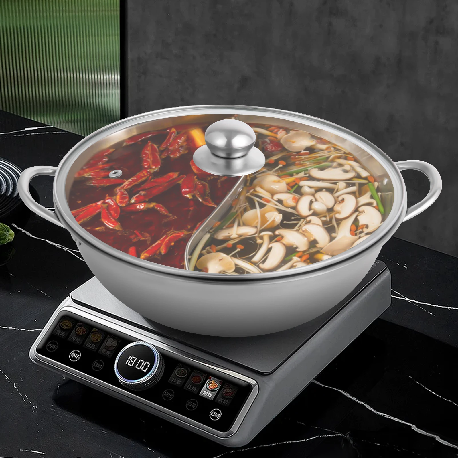 Silver 28cm Stainless Steel Double-Flavor Hot Pot With Cover Shabu Shabu Pot with Glass Lid For Kitchen Restaurants Homes