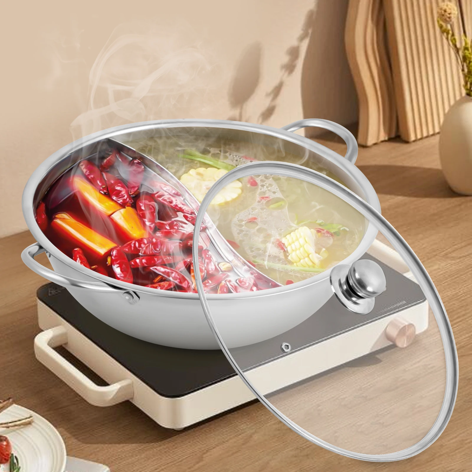 Silver 28cm Stainless Steel Double-Flavor Hot Pot With Cover Shabu Shabu Pot with Glass Lid For Kitchen Restaurants Homes