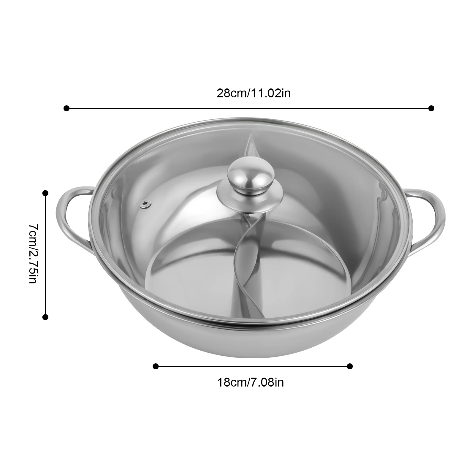 Silver 28cm Stainless Steel Double-Flavor Hot Pot With Cover Shabu Shabu Pot with Glass Lid For Kitchen Restaurants Homes