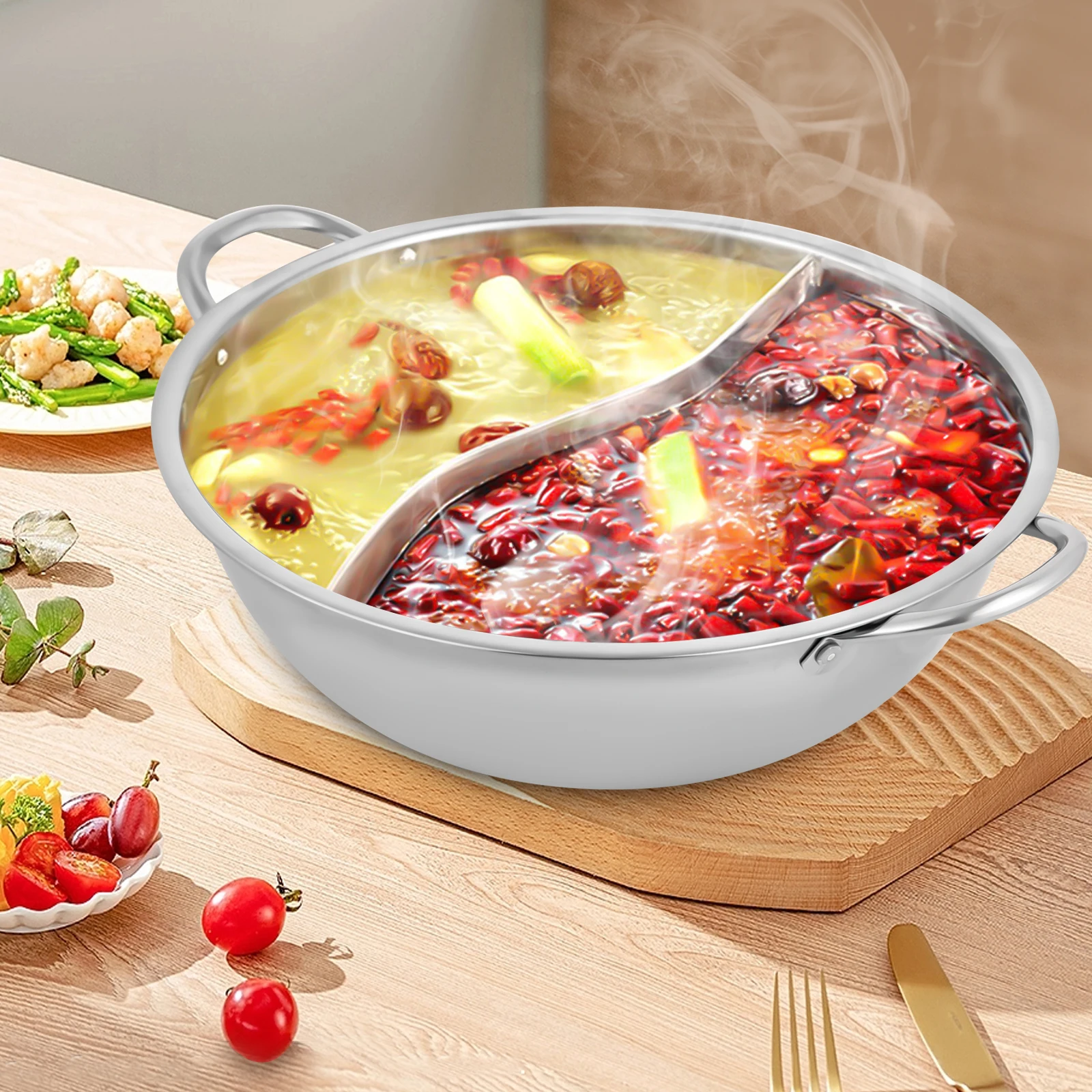 Silver 28cm Stainless Steel Double-Flavor Hot Pot With Cover Shabu Shabu Pot with Glass Lid For Kitchen Restaurants Homes