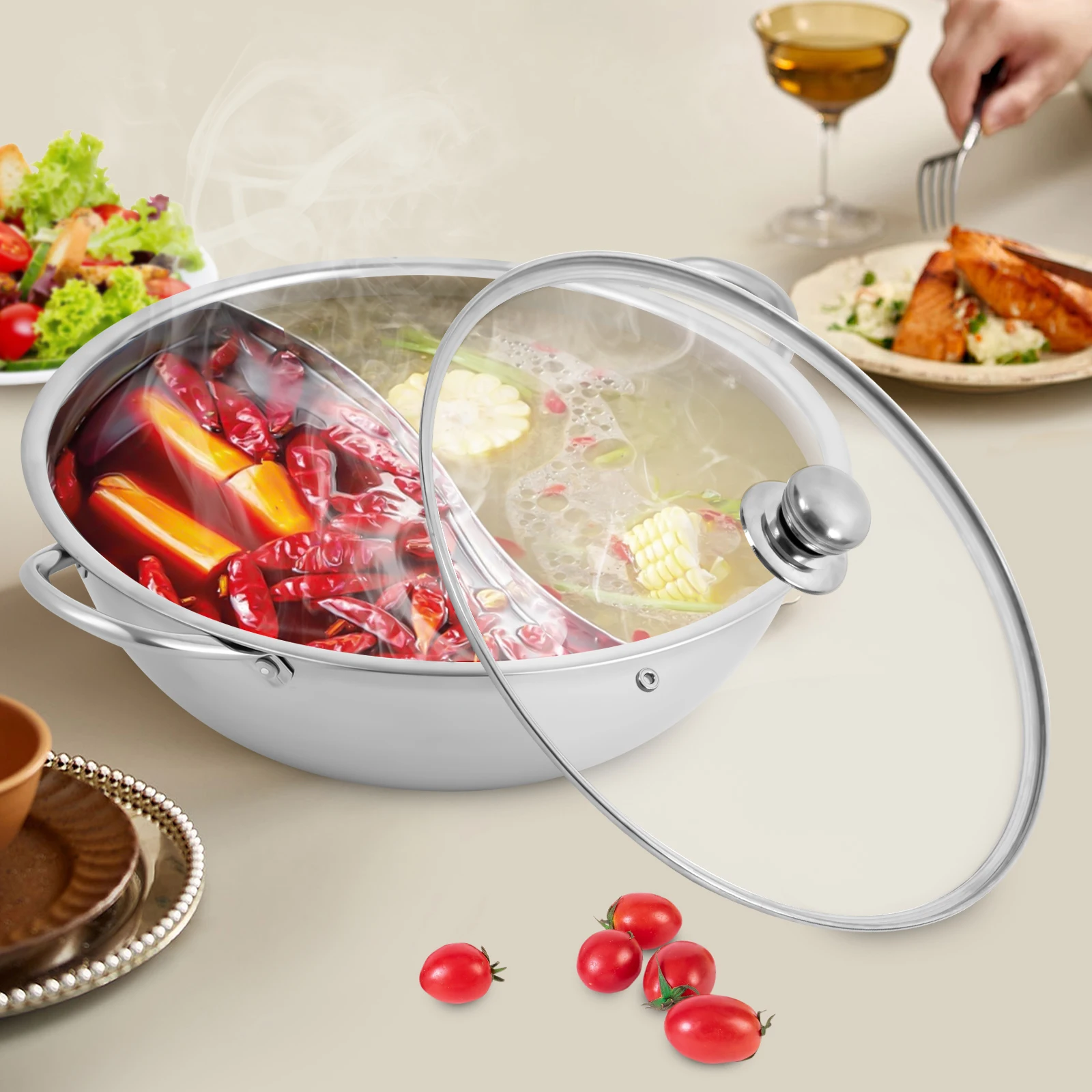Silver 28cm Stainless Steel Double-Flavor Hot Pot With Cover Shabu Shabu Pot with Glass Lid For Kitchen Restaurants Homes