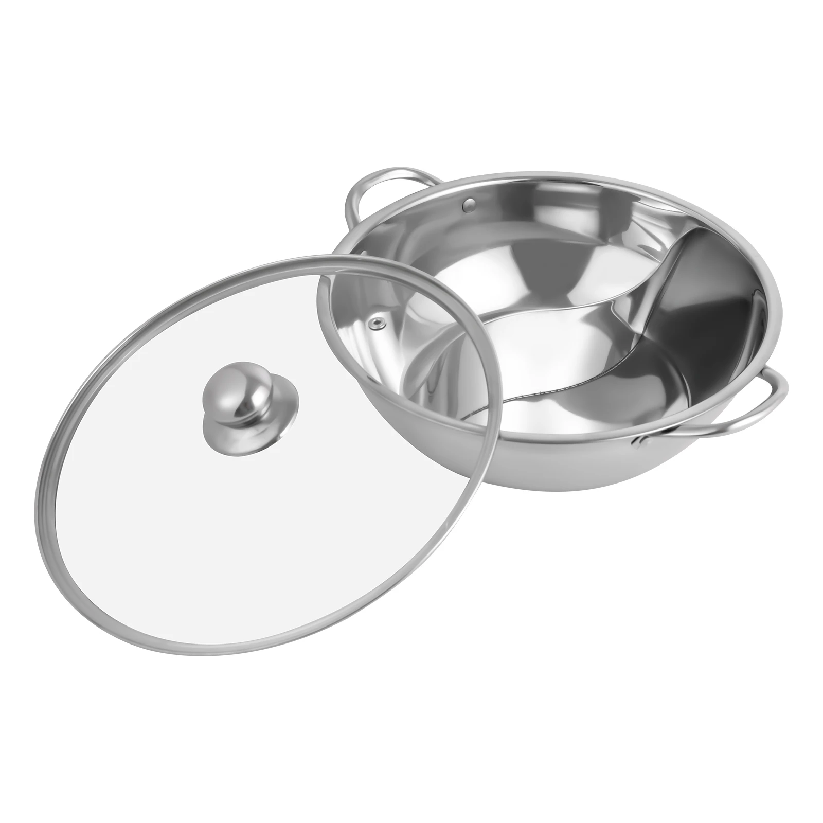 Silver 28cm Stainless Steel Double-Flavor Hot Pot With Cover Shabu Shabu Pot with Glass Lid For Kitchen Restaurants Homes