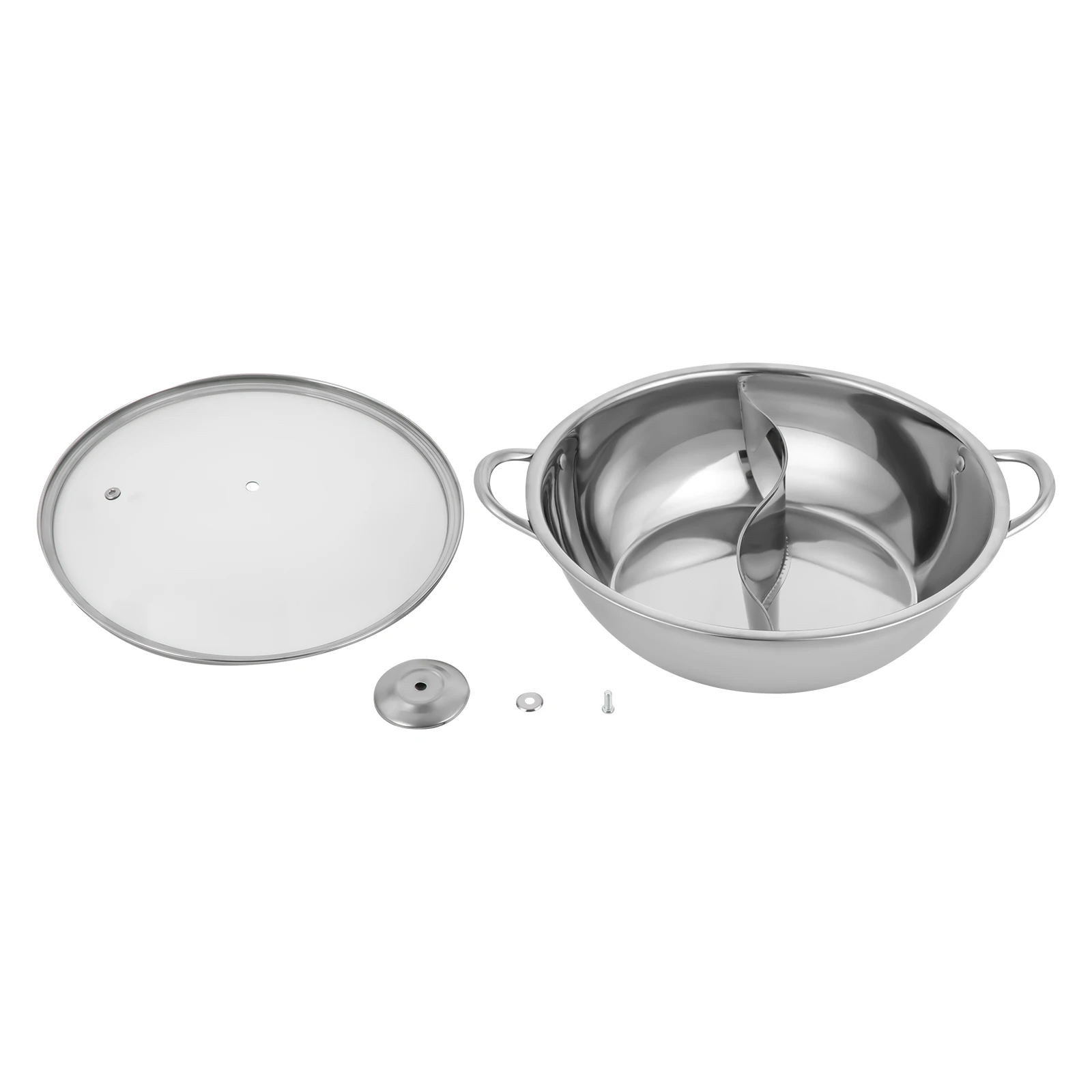 Silver 28cm Stainless Steel Double-Flavor Hot Pot With Cover Shabu Shabu Pot with Glass Lid For Kitchen Restaurants Homes