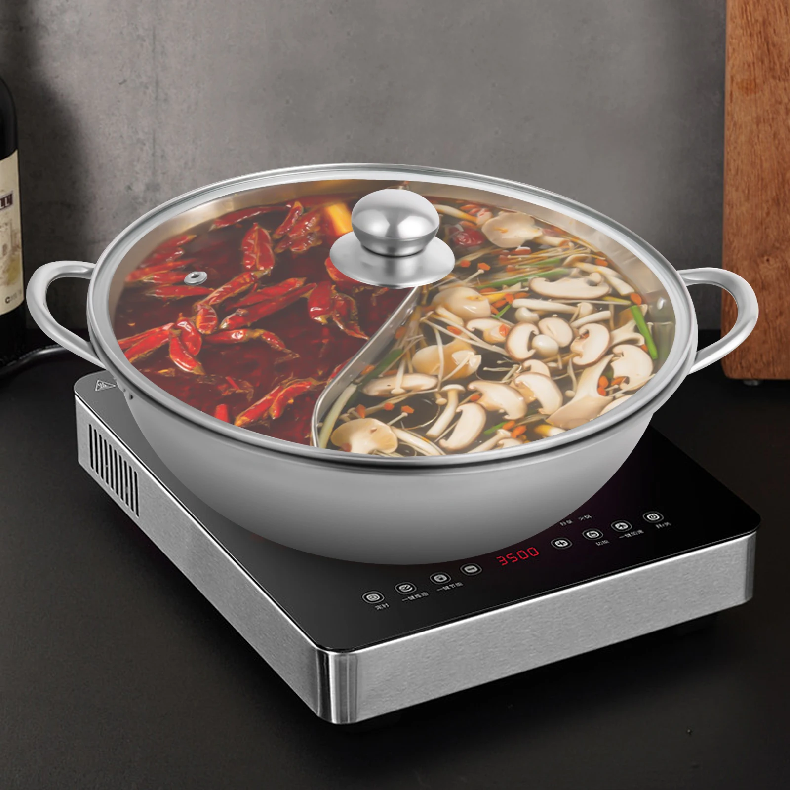 Silver 28cm Stainless Steel Double-Flavor Hot Pot With Cover Shabu Shabu Pot with Glass Lid For Kitchen Restaurants Homes
