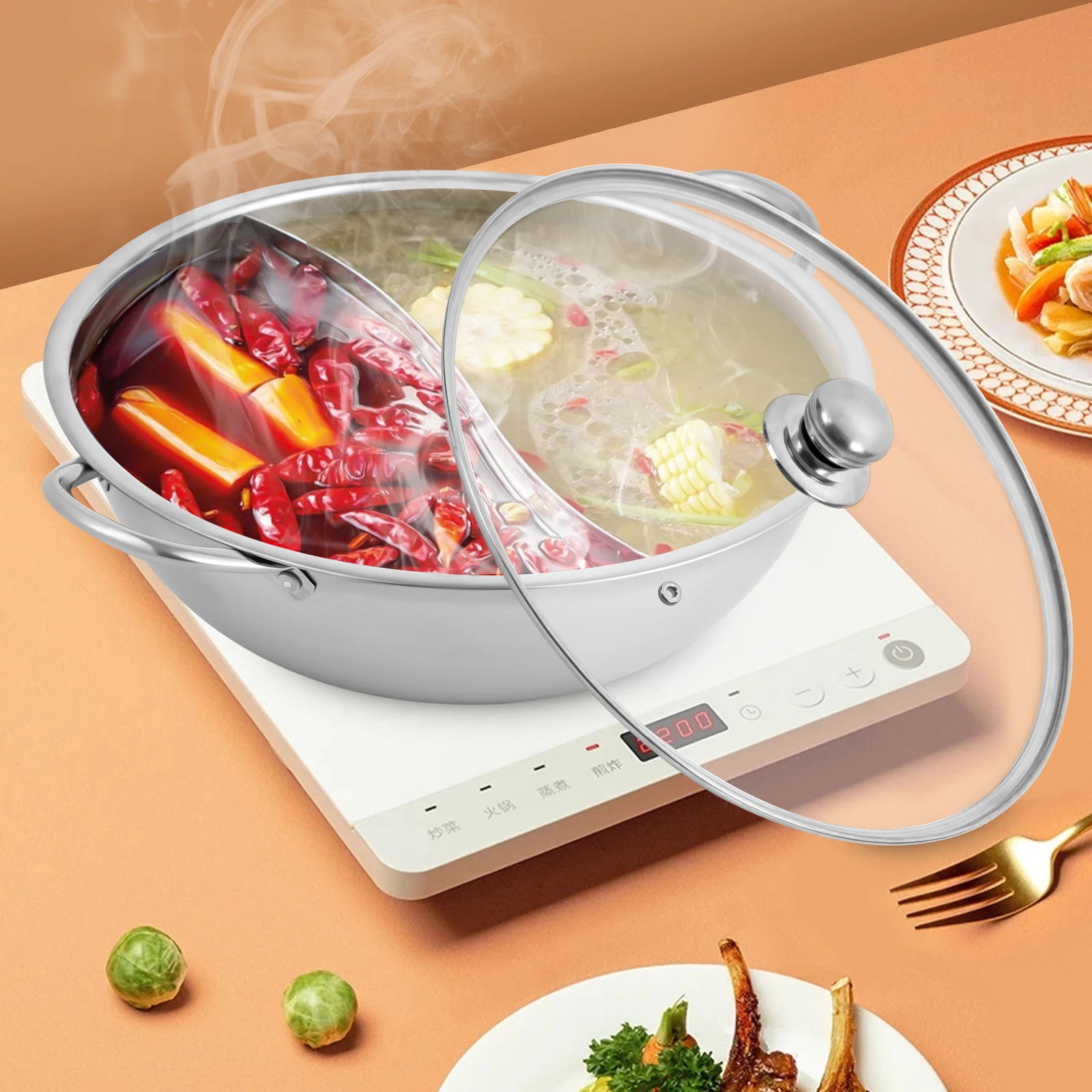 Silver 28cm Stainless Steel Double-Flavor Hot Pot With Cover Shabu Shabu Pot with Glass Lid For Kitchen Restaurants Homes
