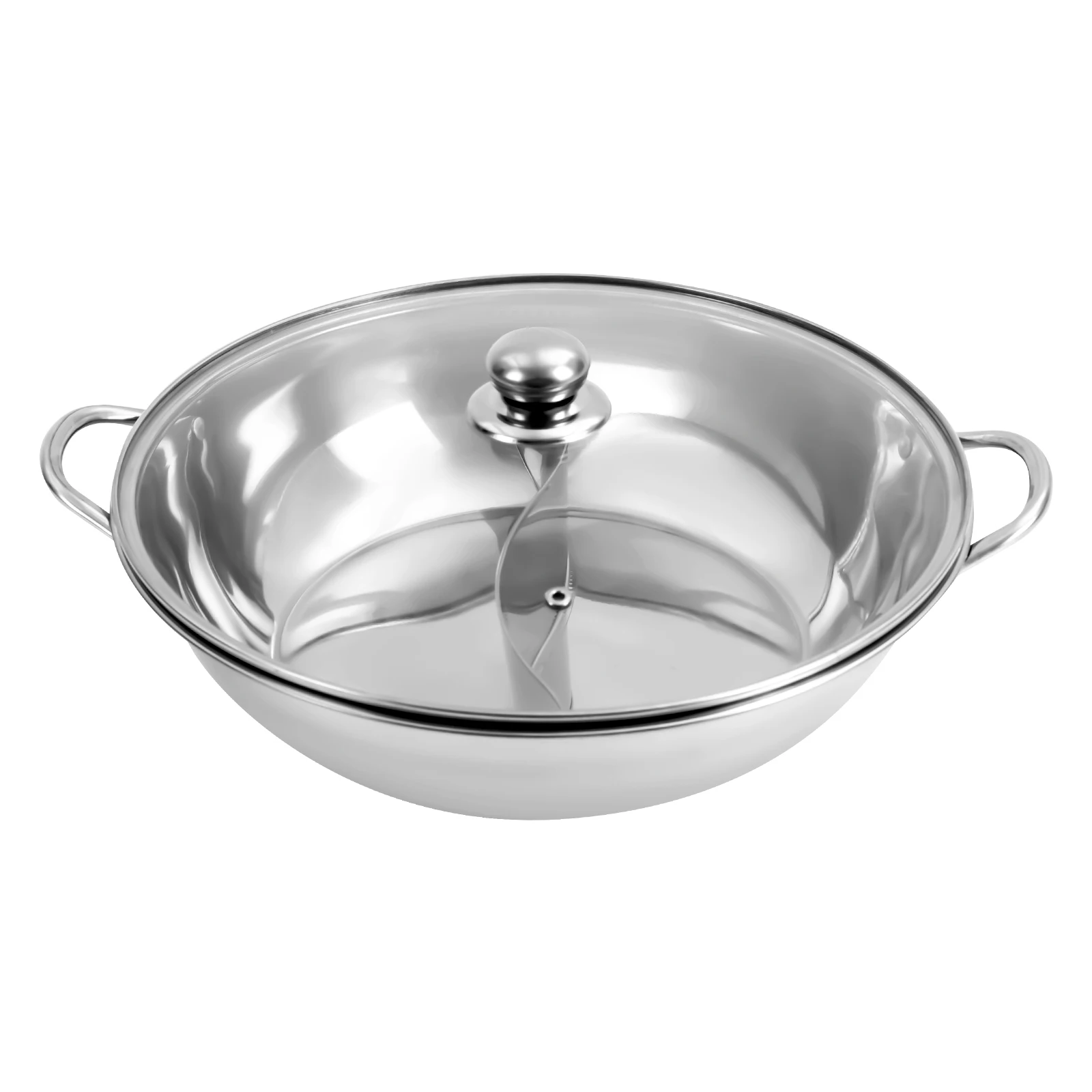 Silver 28cm Stainless Steel Double-Flavor Hot Pot With Cover Shabu Shabu Pot with Glass Lid For Kitchen Restaurants Homes