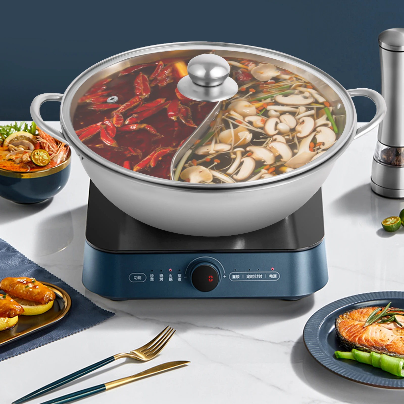 Silver 28cm Stainless Steel Double-Flavor Hot Pot With Cover Shabu Shabu Pot with Glass Lid For Kitchen Restaurants Homes