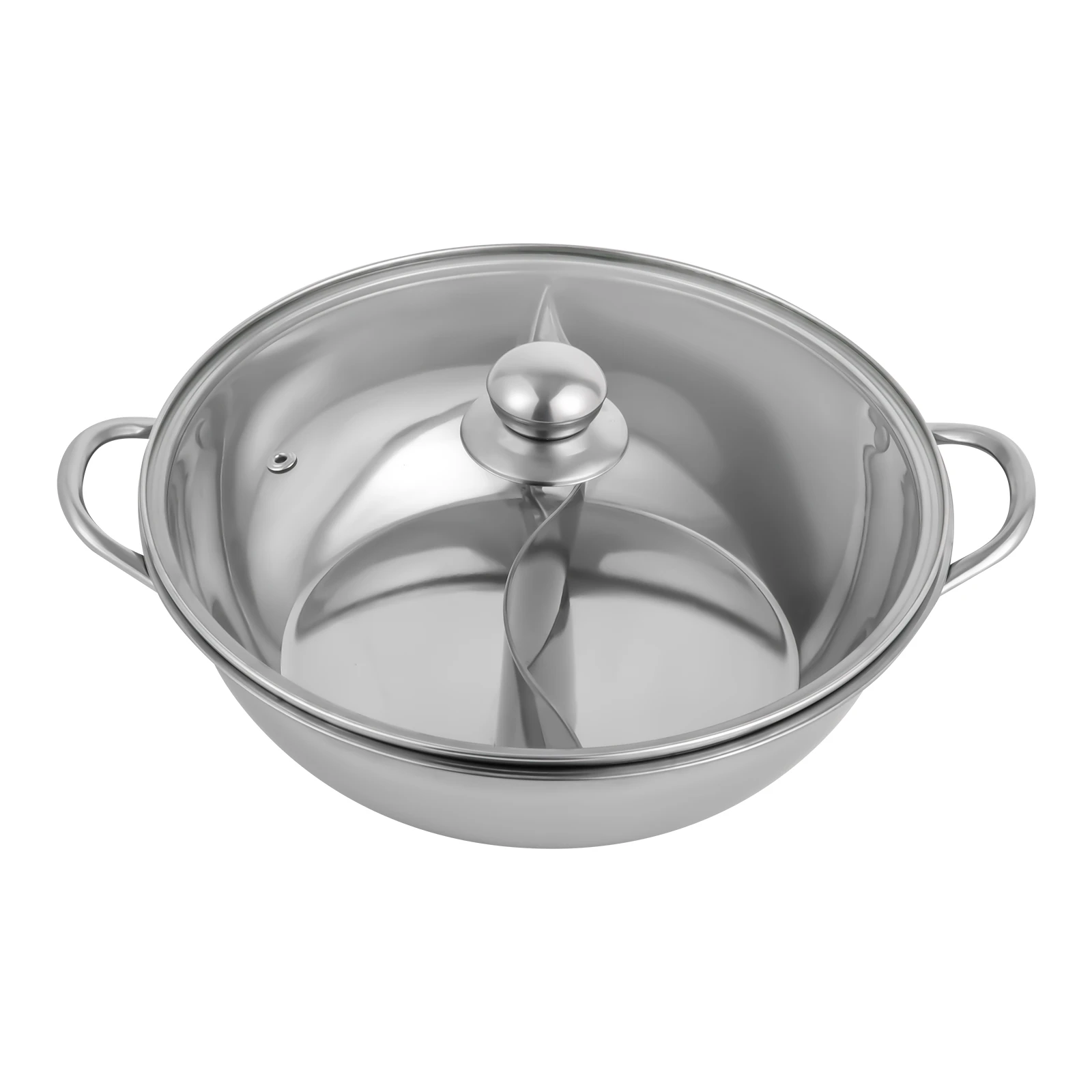 Silver 28cm Stainless Steel Double-Flavor Hot Pot With Cover Shabu Shabu Pot with Glass Lid For Kitchen Restaurants Homes