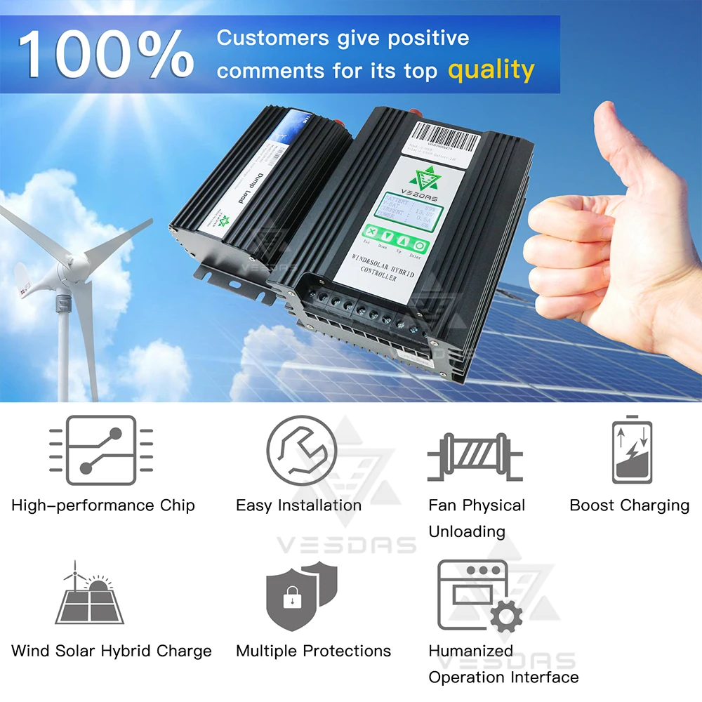 MPPT 1600W 24V Boost & Buck Wind Solar Hybrid Controller Wind 600W & Solar 1000W Best Heat Dissipation Design with LCD Display