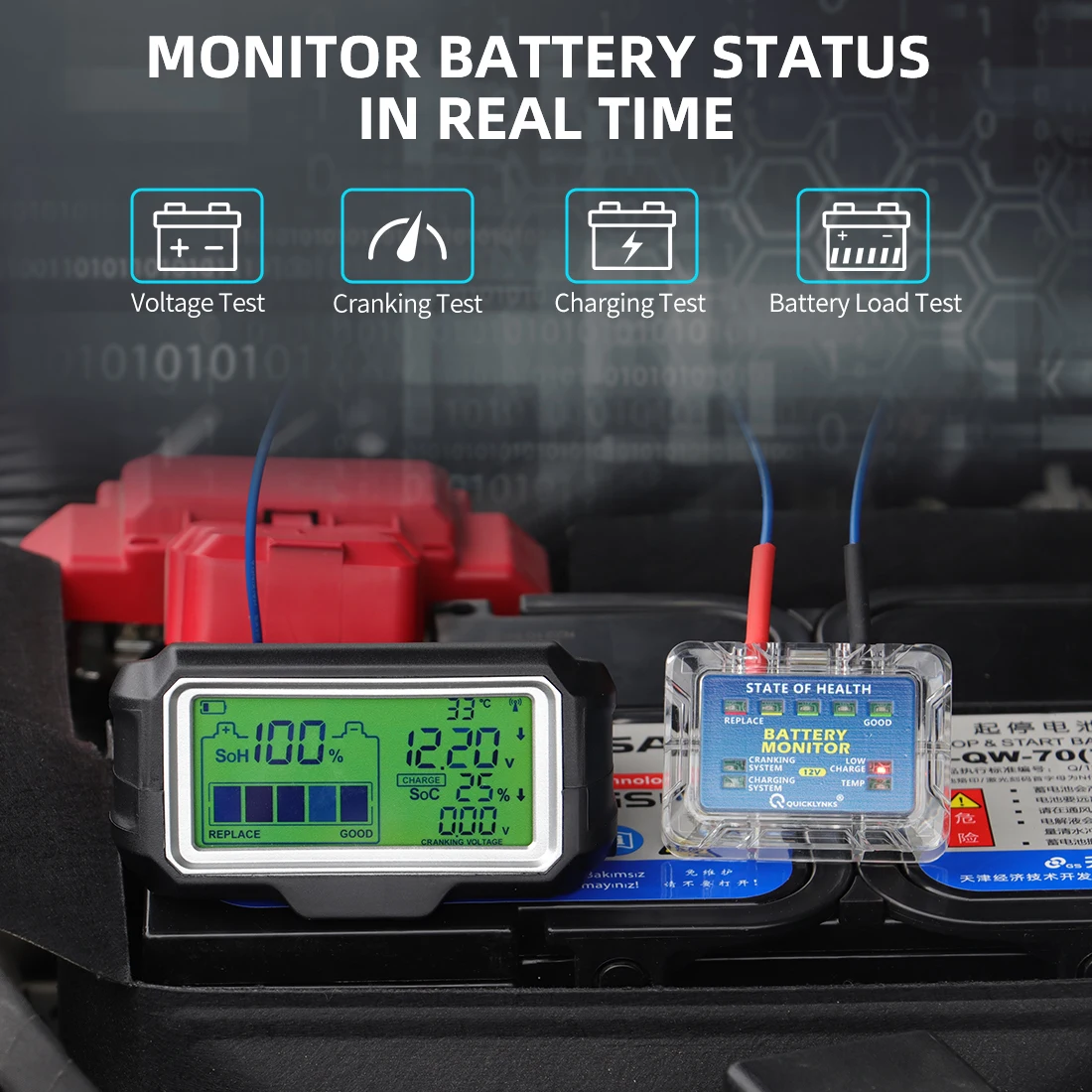 2026 QUICKLYNKS BM5-D Car Battery Tester 12V Battery Monitor Head-Up Display SOH SOC Charging Battery Analyzer Diagnostic Tool