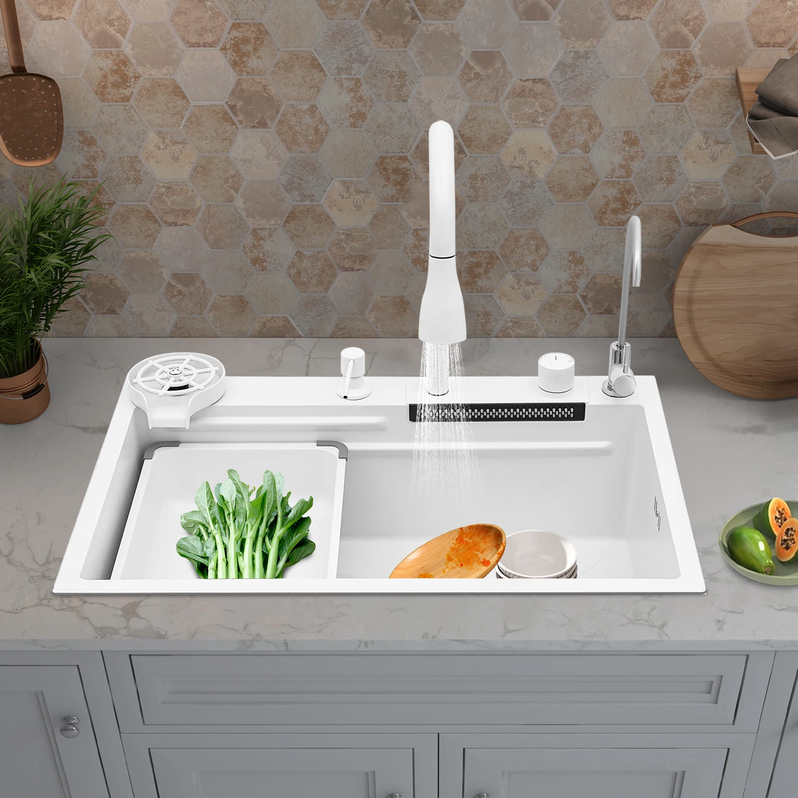 Kitchen Sink Rust-Resistant Sink with Pull-Out Faucet Soundproofing Effect for Home/Kitchen/Canteen/Hotel/Bar
