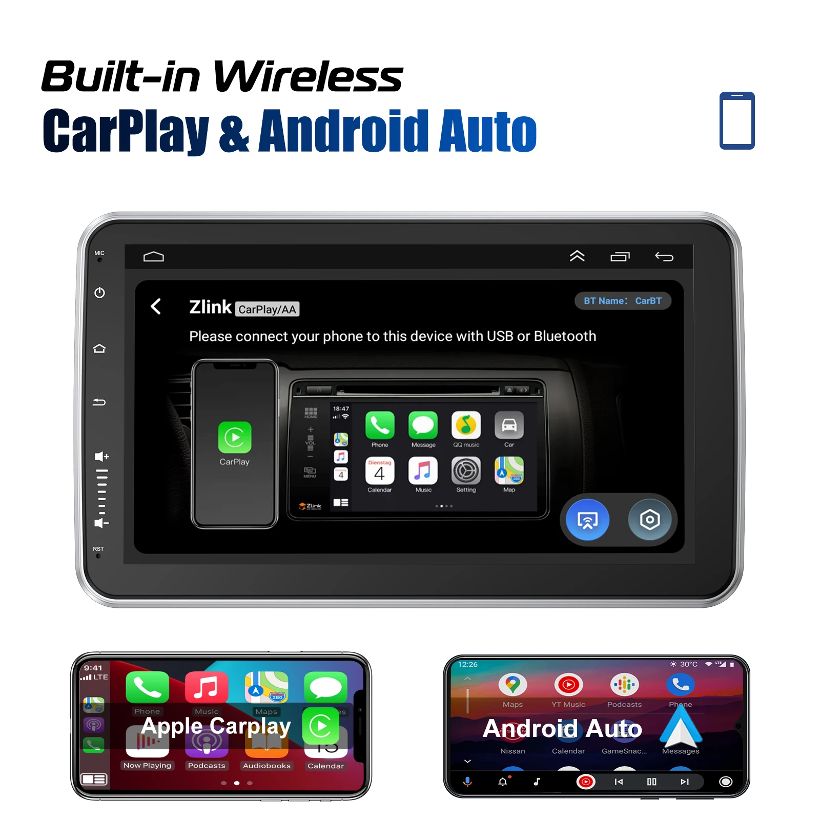 ESSGOO Android 14 Universal Single Rotatable Car Radio Carplay Multimedia Player GPS Navi Automotive Stereo