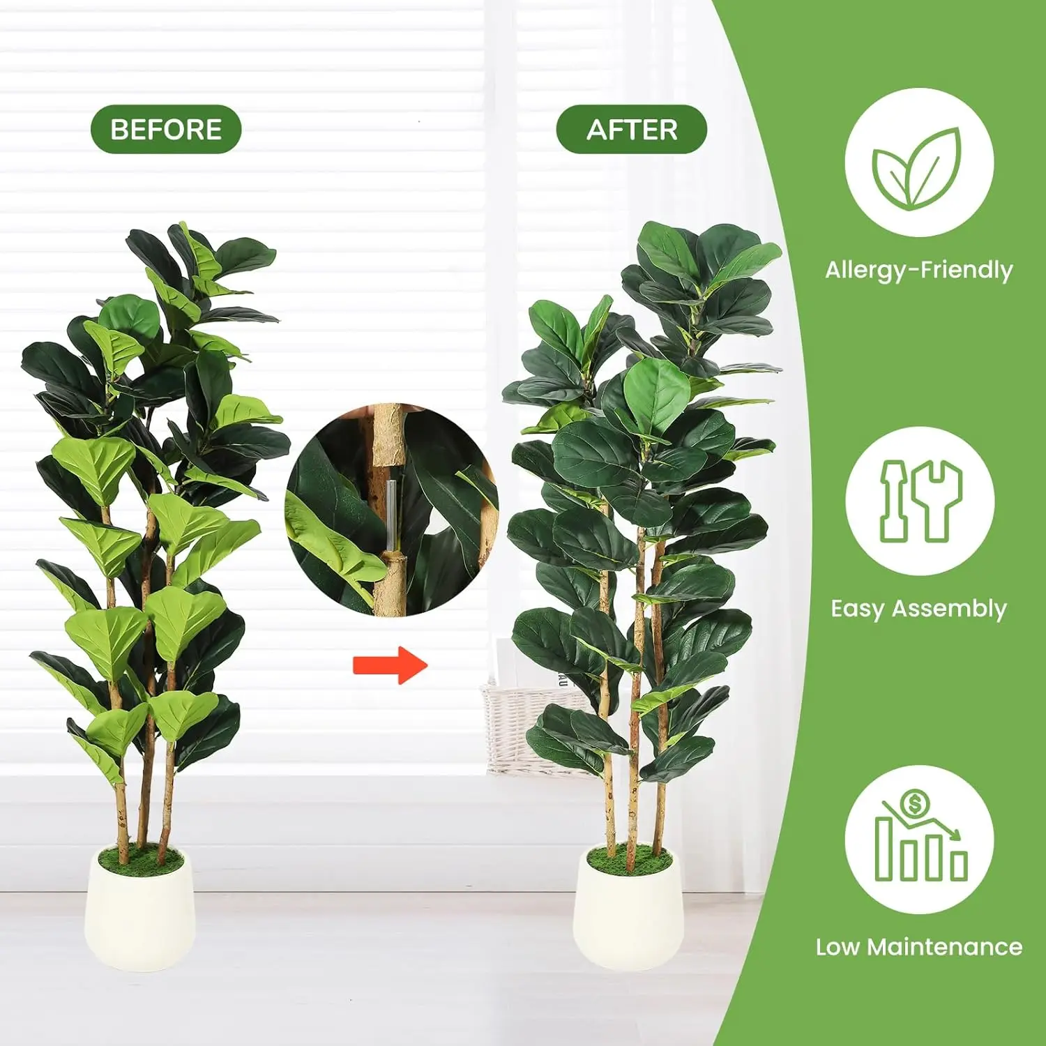 5ft -7ft Faux Fiddle Leaf Fig Tree with White Pot, Faux Trees with Artificial Plants Lifelike Fake Tree for Home Office Decor