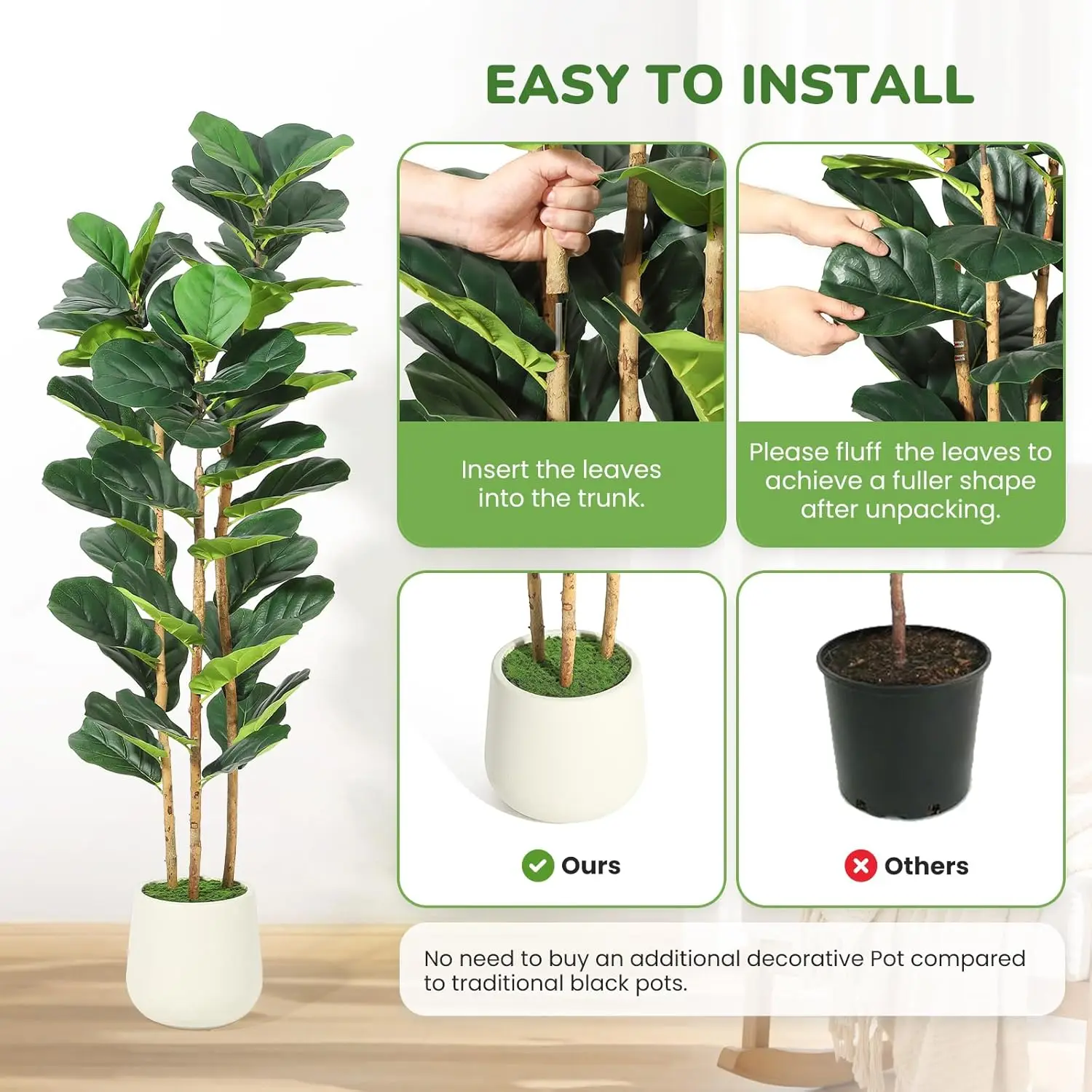 5ft -7ft Faux Fiddle Leaf Fig Tree with White Pot, Faux Trees with Artificial Plants Lifelike Fake Tree for Home Office Decor