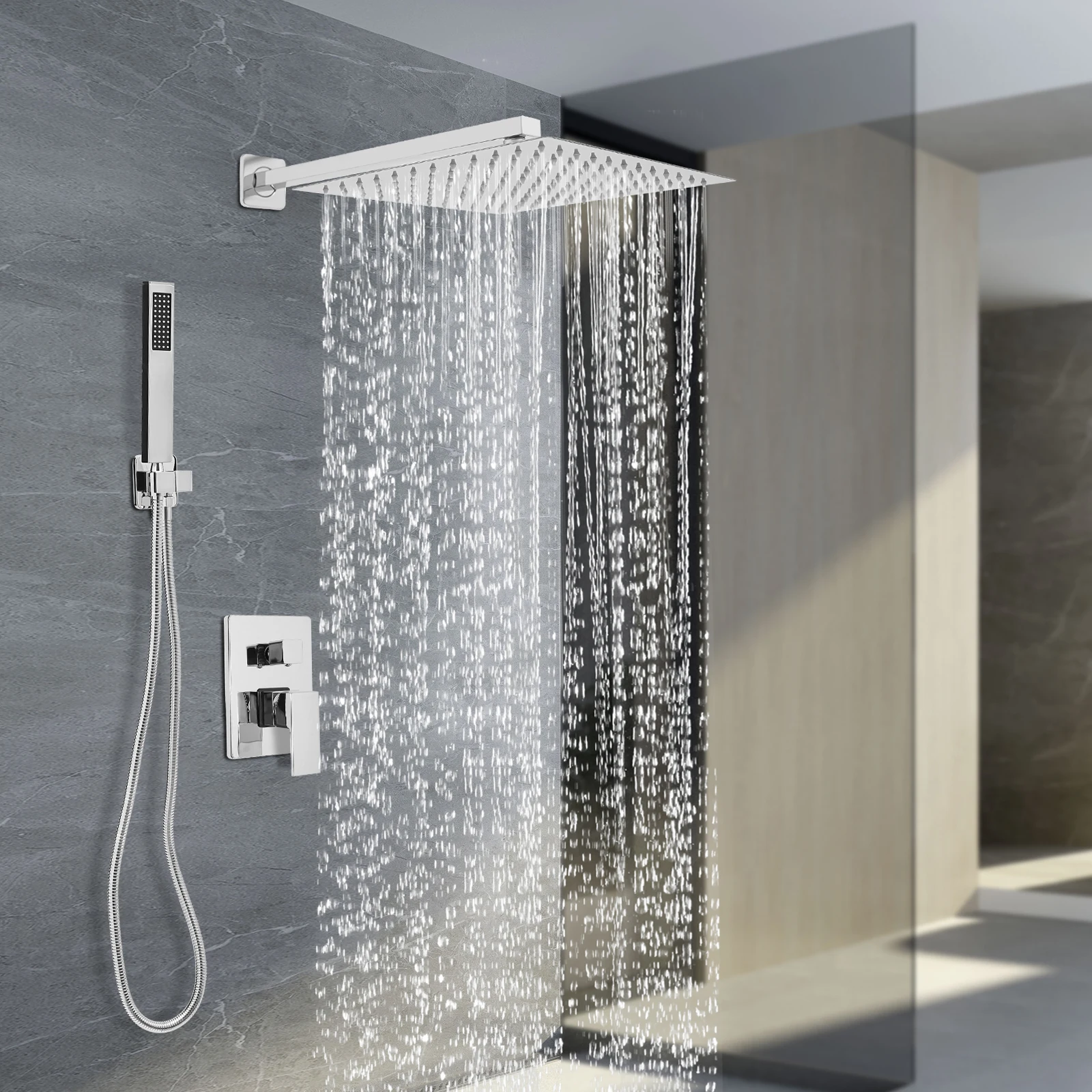 30CM Chrome Shower Set Stainless Steel G1/2 Rainfall Top Spray Handheld Shower with Shower Valve and Hose