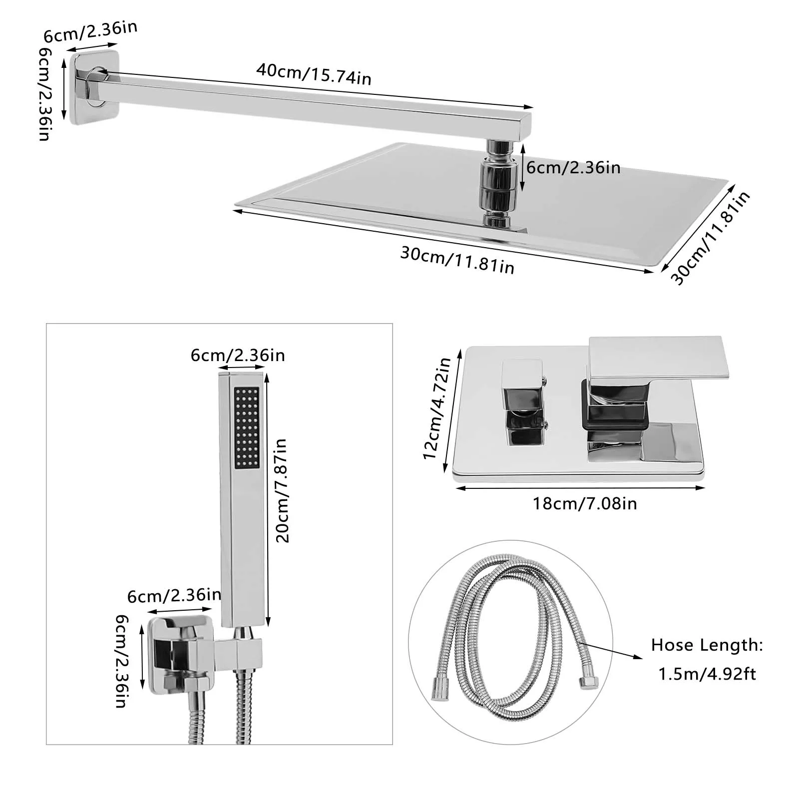 30CM Chrome Shower Set Stainless Steel G1/2 Rainfall Top Spray Handheld Shower with Shower Valve and Hose
