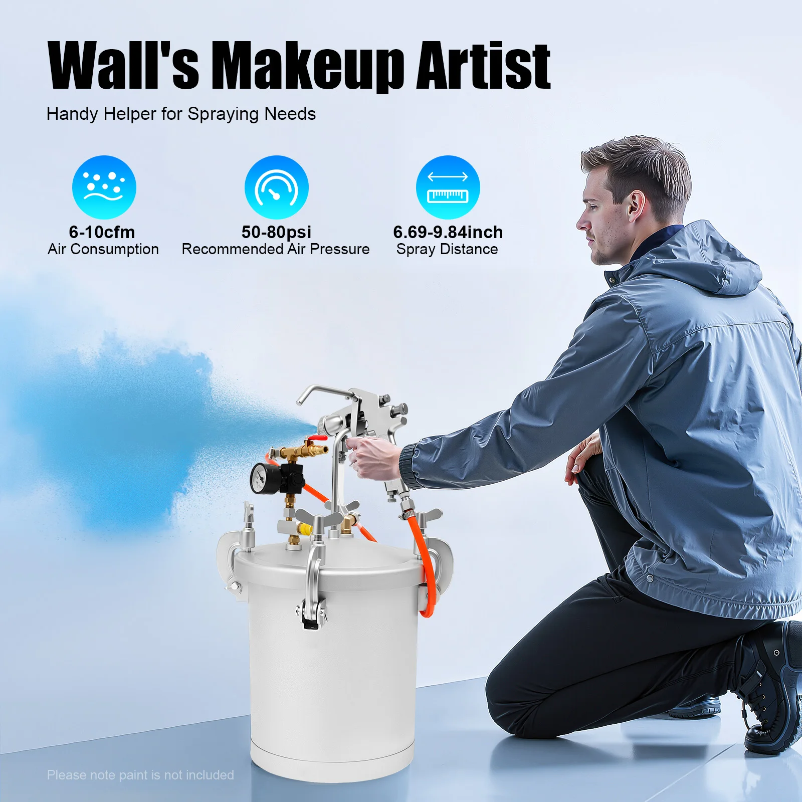 10L Air Paint Sprayer Tank Professional HVLP Spray Gun System 50-80 PSI 3mm Nozzle for Wall Painting DIY Projects