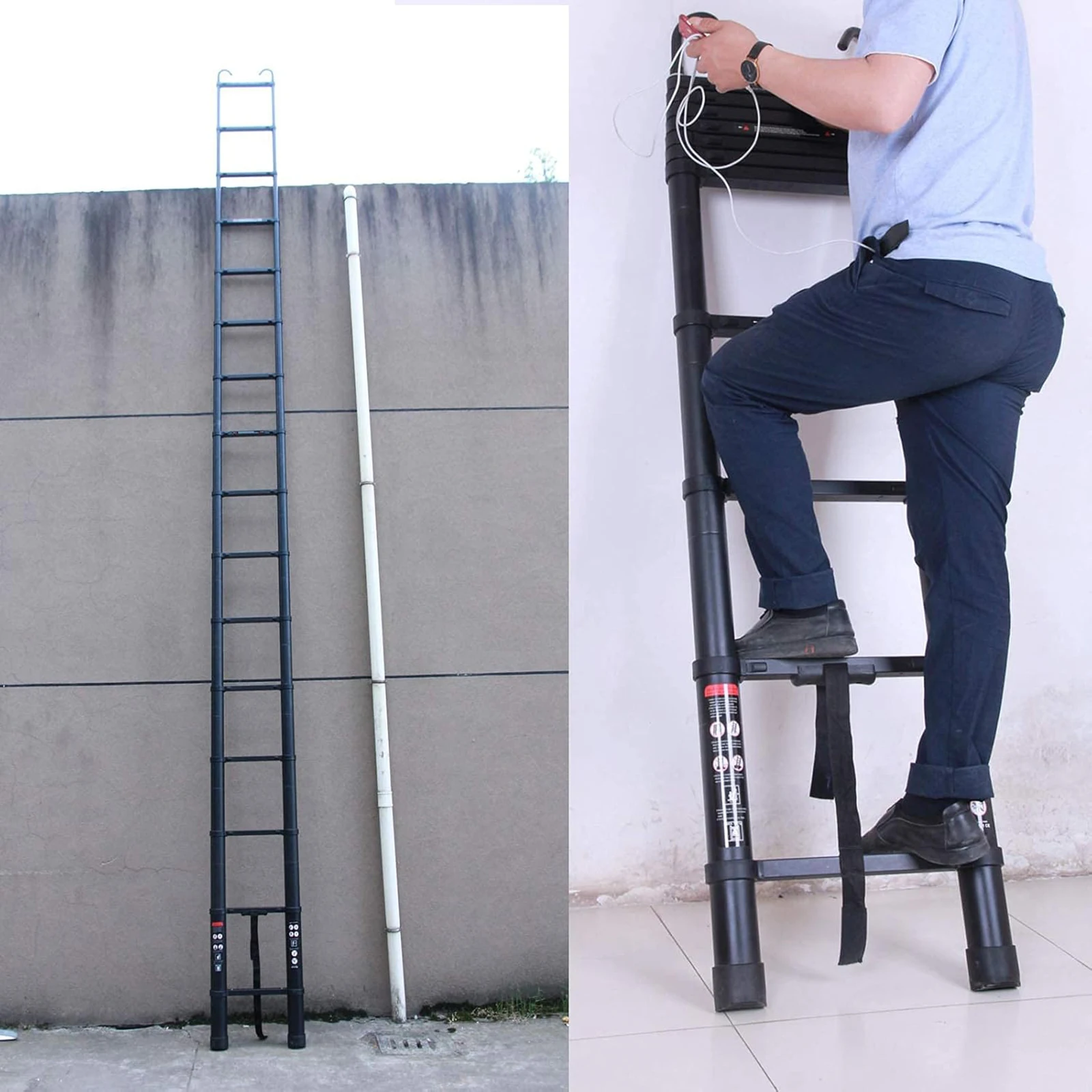 6.2M 20.3FT Telescopic Ladder with Detachable Hook, Aluminum , EN131, Max Load 150KG for Loft Indoor Outdoor Office House