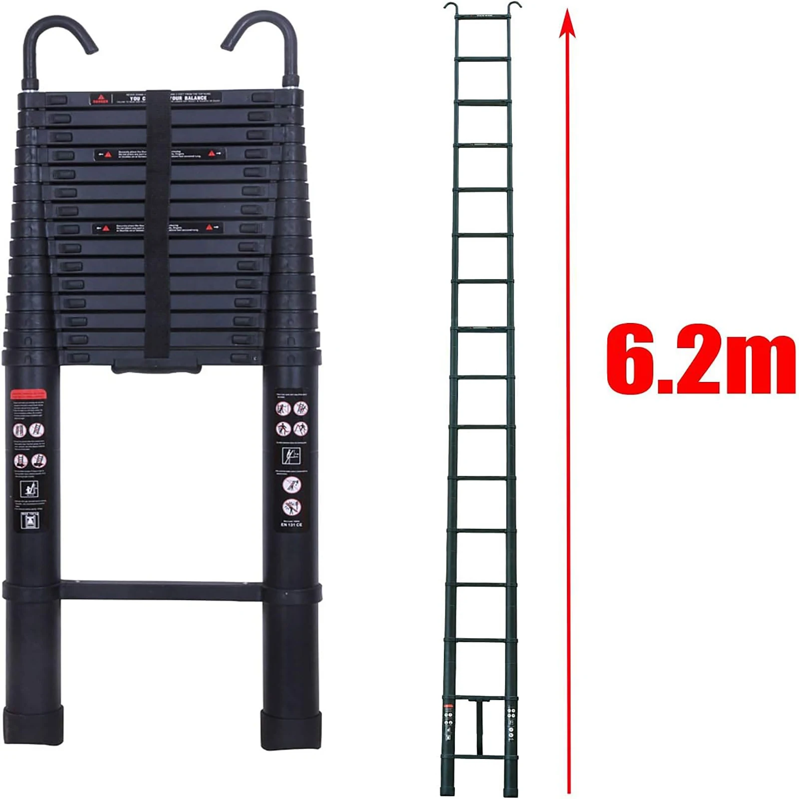 6.2M 20.3FT Telescopic Ladder with Detachable Hook, Aluminum , EN131, Max Load 150KG for Loft Indoor Outdoor Office House