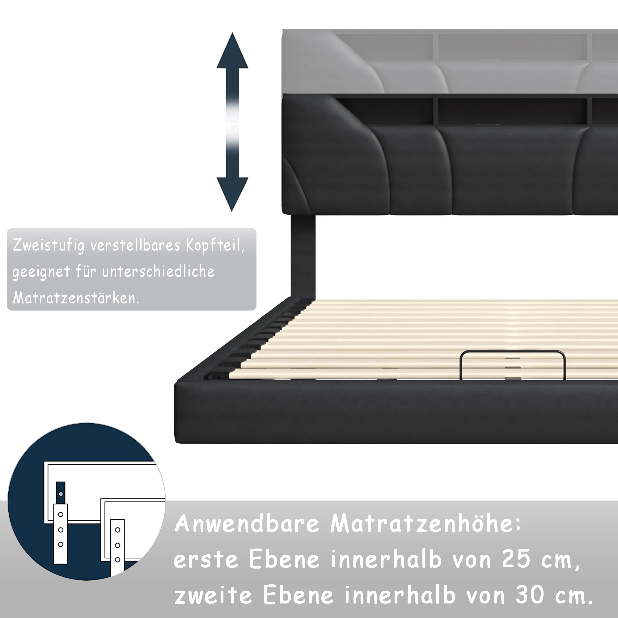 Rosahqnda Upholstered Double Bed 140-160*200cm Adjustable Storage Headboard Functional Bed Hydraulic Storage Bed Frame PU Black