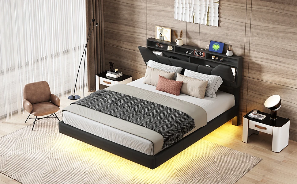 Rosahqnda Upholstered Double Bed 140-160*200cm Adjustable Storage Headboard Functional Bed Hydraulic Storage Bed Frame PU Black