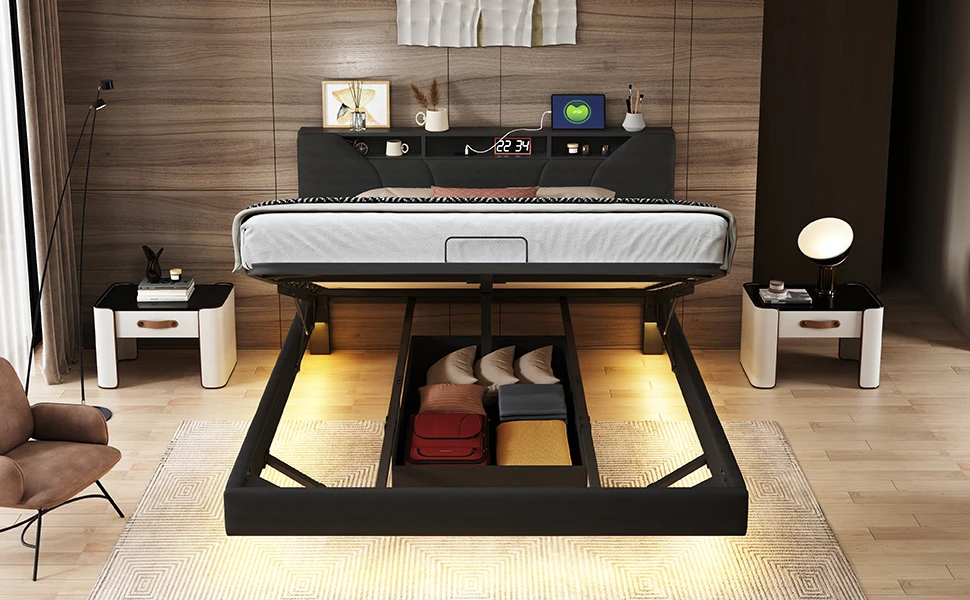 Rosahqnda Upholstered Double Bed 140-160*200cm Adjustable Storage Headboard Functional Bed Hydraulic Storage Bed Frame PU Black