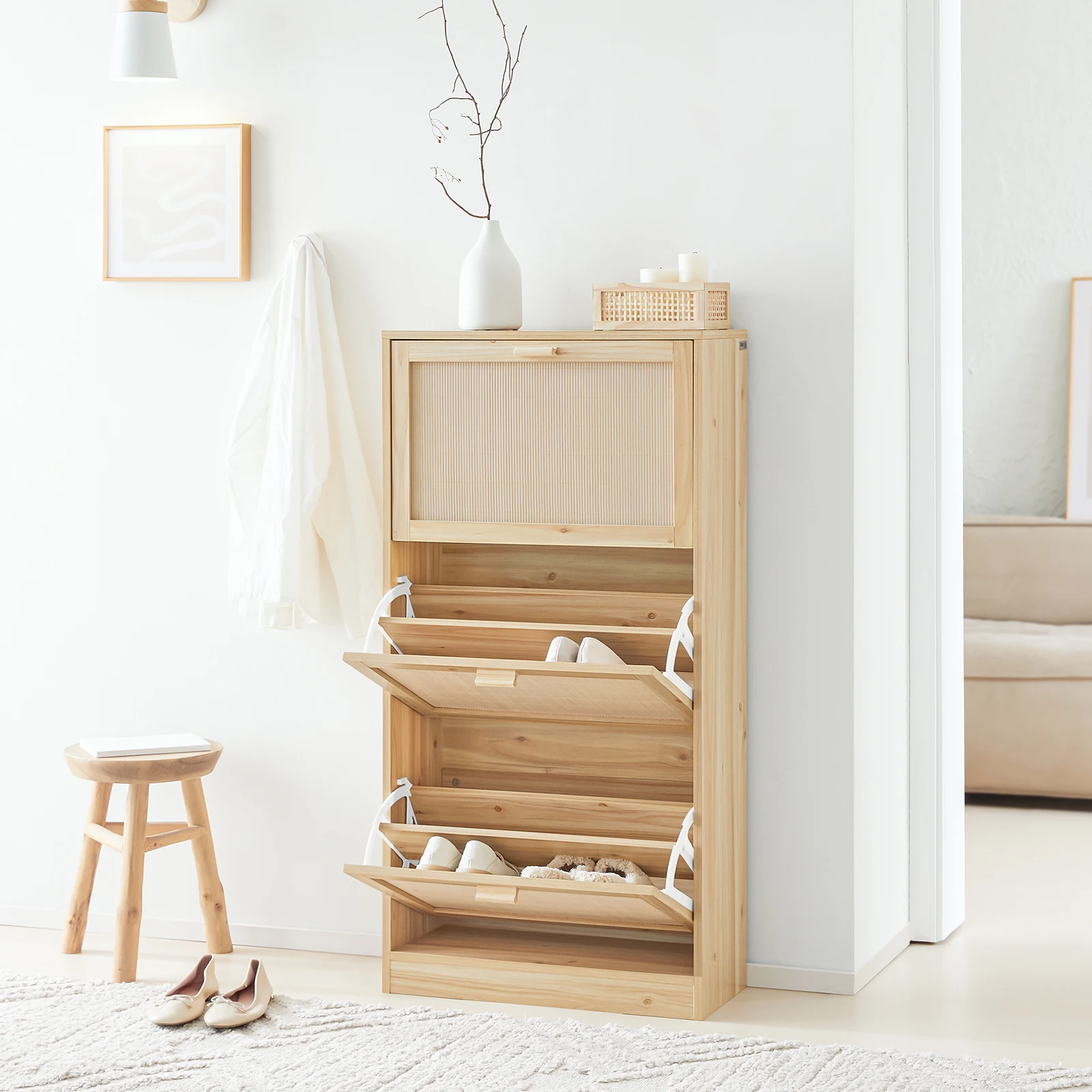 SoBuy shoe cabinet with 3 flaps, narrow shoe cabinet, shoe shelf, shoe rack with 6 shelves, natural chest of drawers, WDH 60x118x24cm