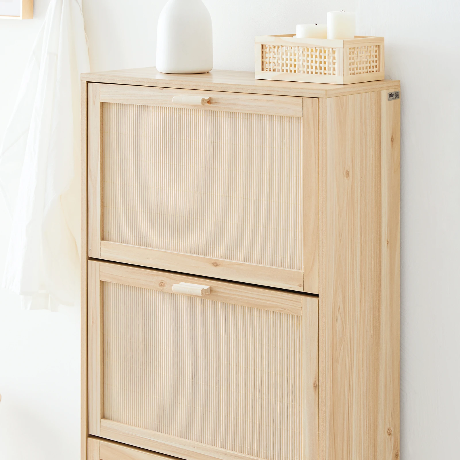 SoBuy shoe cabinet with 3 flaps, narrow shoe cabinet, shoe shelf, shoe rack with 6 shelves, natural chest of drawers, WDH 60x118x24cm