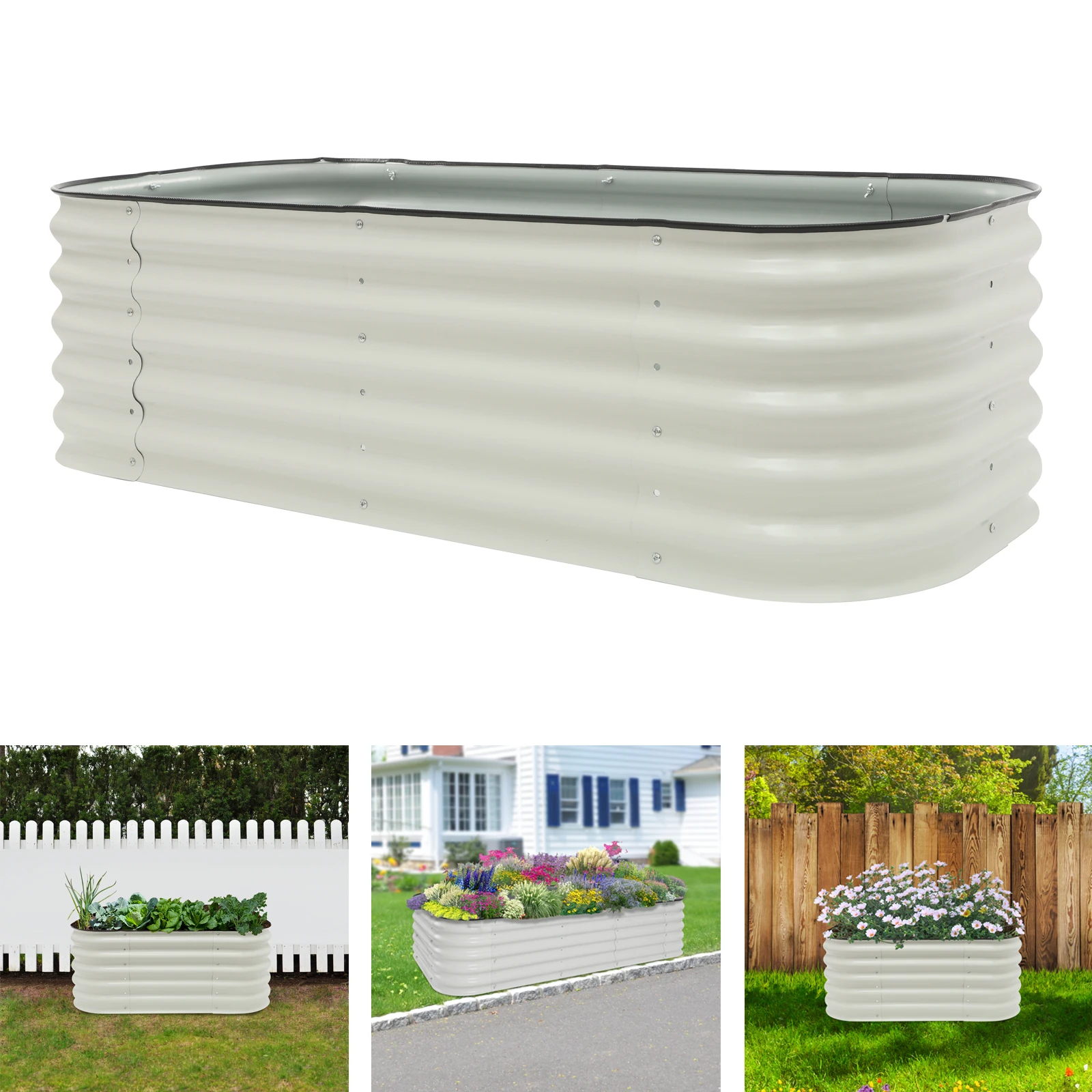 Dual-Size Raised Garden Bed - White Anti-Rust Zinc Steel Planter Box with Open Base for Vegetables/Herbs/Flowers