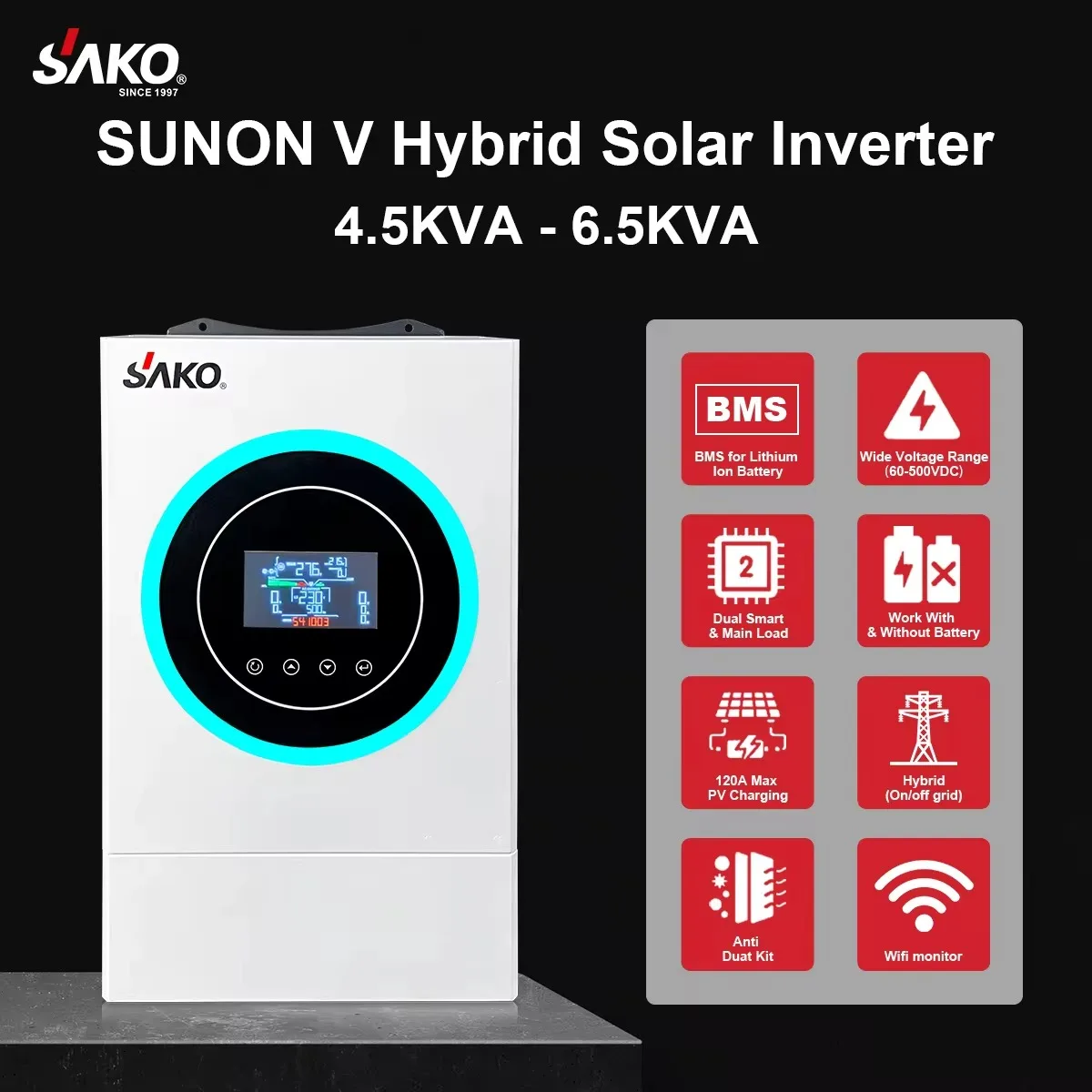 Sako Sunon V 6.2Kva 6200W 48V Hybrid Inverter | Built-In 120A Mppt | 60–450Vdc Pv Input | Battery-Less Operation | Dual Output