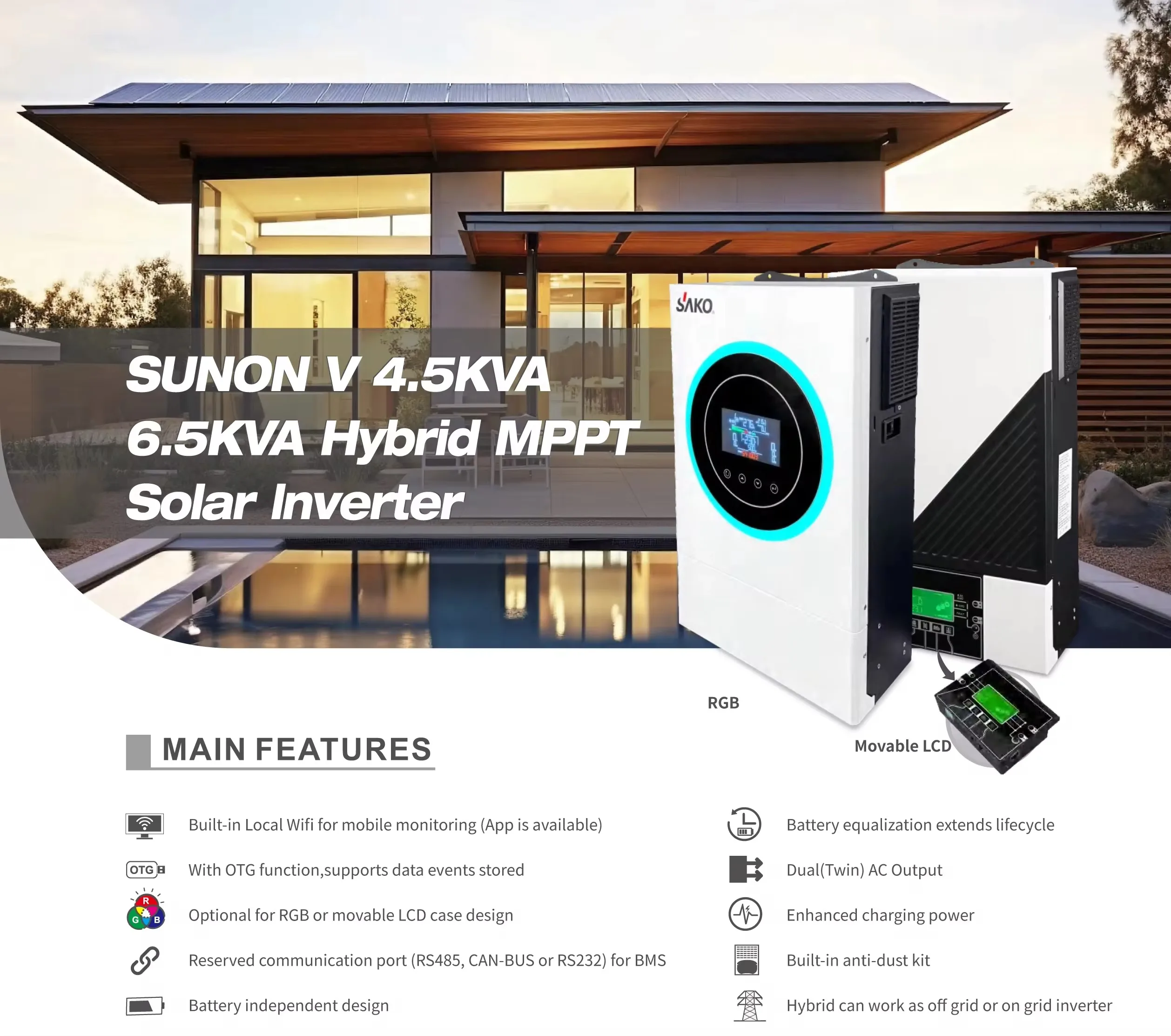 Sako Sunon V 6.2Kva 6200W 48V Hybrid Inverter | Built-In 120A Mppt | 60–450Vdc Pv Input | Battery-Less Operation | Dual Output