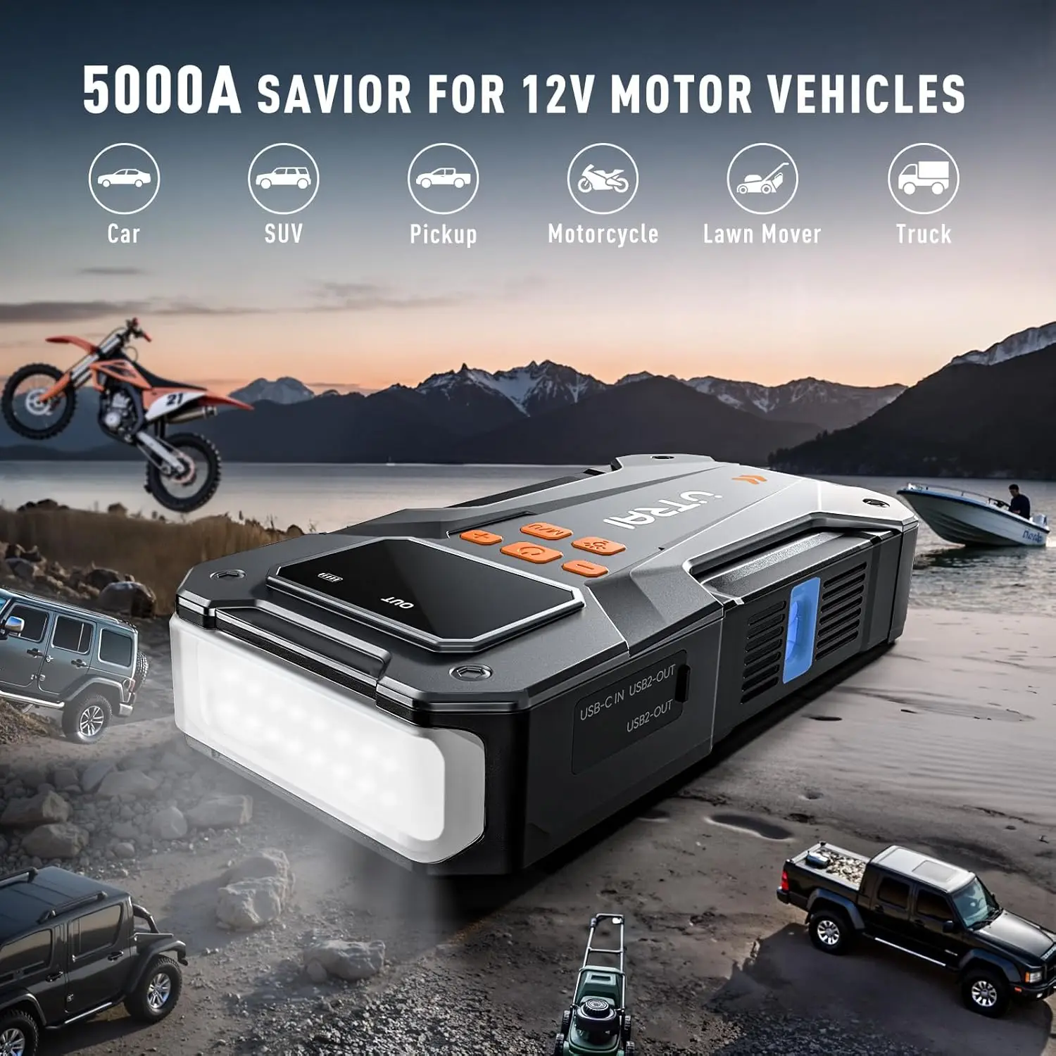 UTRAI 5000A 150PSI Jump Starter with Air Compressor for All Gas and 10.0L Diesel Engines Starting Device Car Starter 