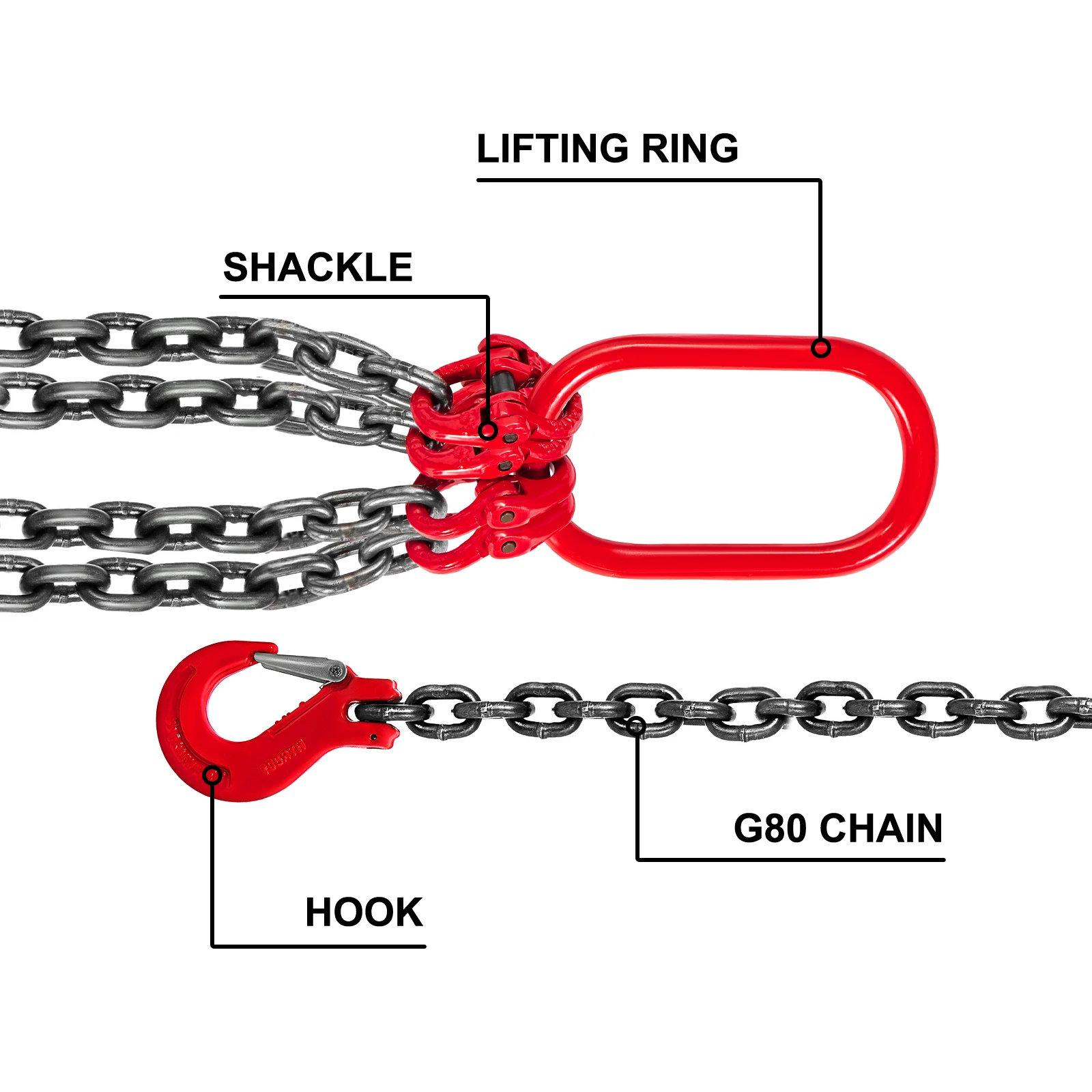 SucceBuy 4T Chain Sling Chain 1M/2Mx8MM 4 Legs with Powder Coating Steel G80 Hook High Temperature Resistance for Garage Lifting