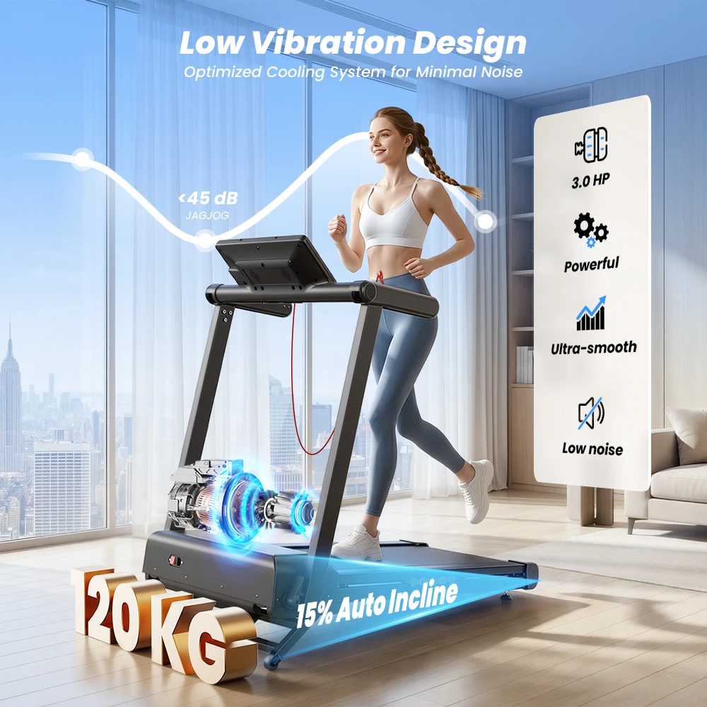 Formill FT61 3.0HP Foldable Treadmill, 15% Incline, 13.5km/h, 17×43Inch Belt, 300lbs Load, Silent, LCD, Shock-Absorbing for Home