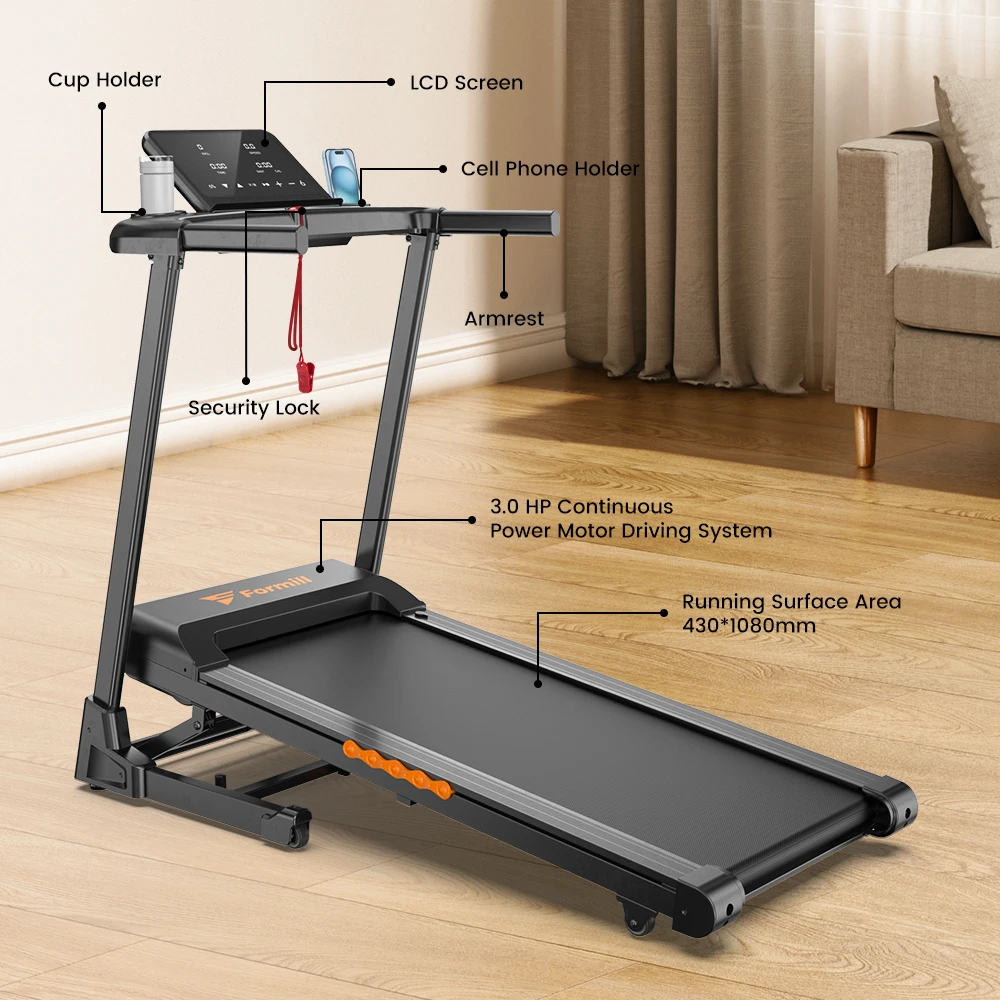 Formill FT61 3.0HP Foldable Treadmill, 15% Incline, 13.5km/h, 17×43Inch Belt, 300lbs Load, Silent, LCD, Shock-Absorbing for Home