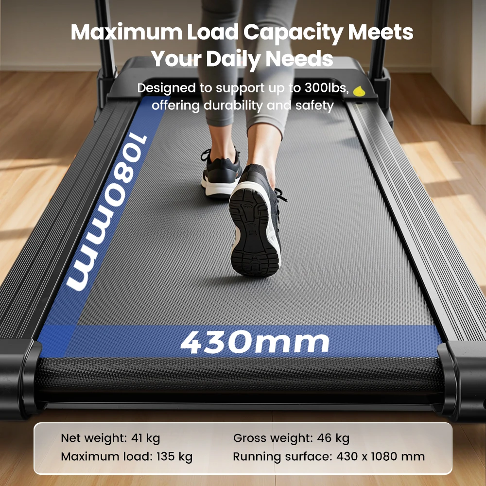 Formill FT61 3.0HP Foldable Treadmill, 15% Incline, 13.5km/h, 17×43Inch Belt, 300lbs Load, Silent, LCD, Shock-Absorbing for Home