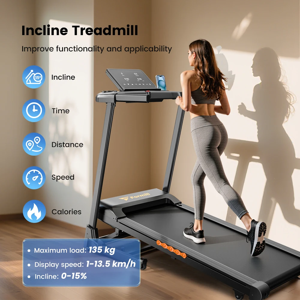 Formill FT61 3.0HP Foldable Treadmill, 15% Incline, 13.5km/h, 17×43Inch Belt, 300lbs Load, Silent, LCD, Shock-Absorbing for Home