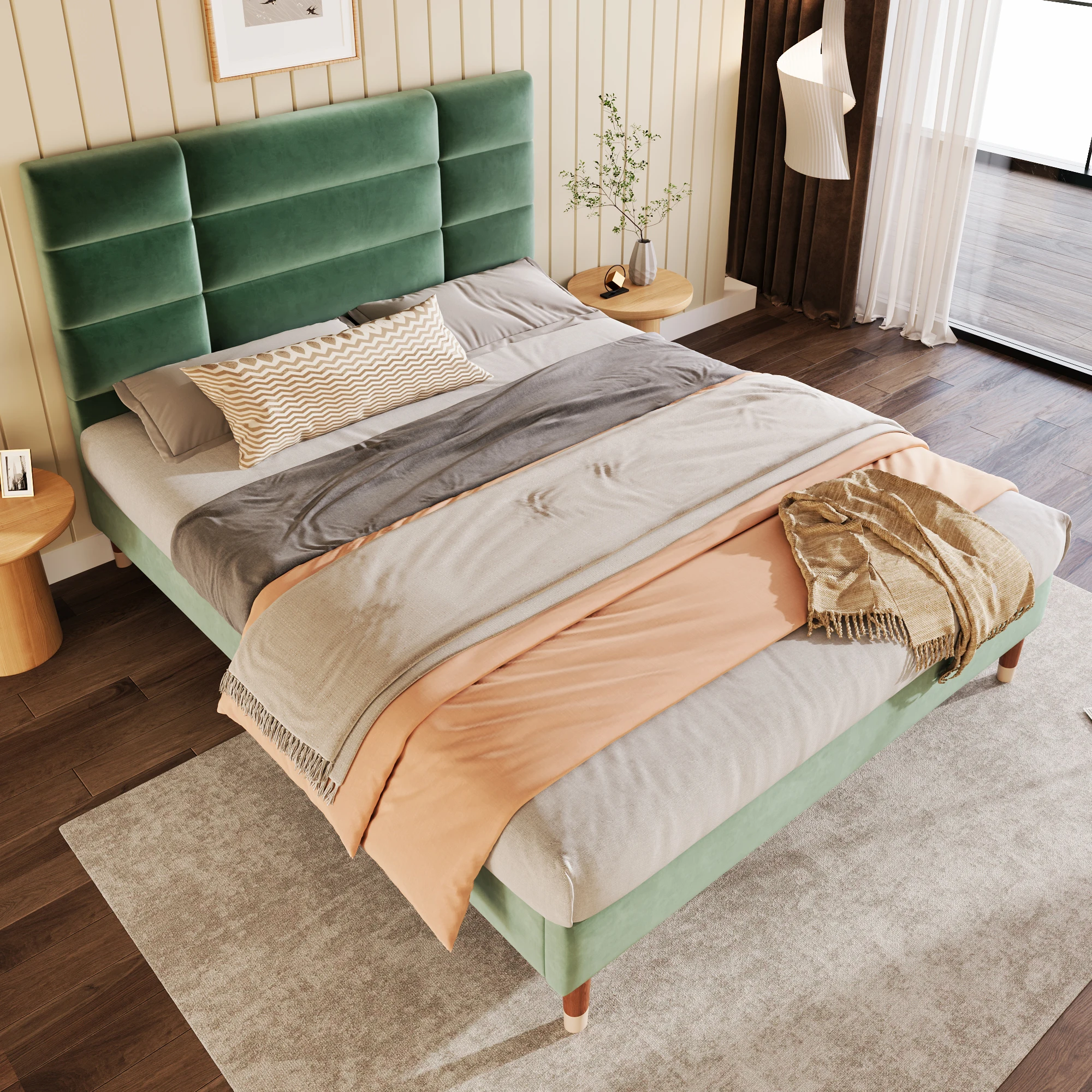 Upholstery bed double bed with slatted frame 140x200cm padded bed frame with headboard dark green velvet, for adults & youthful