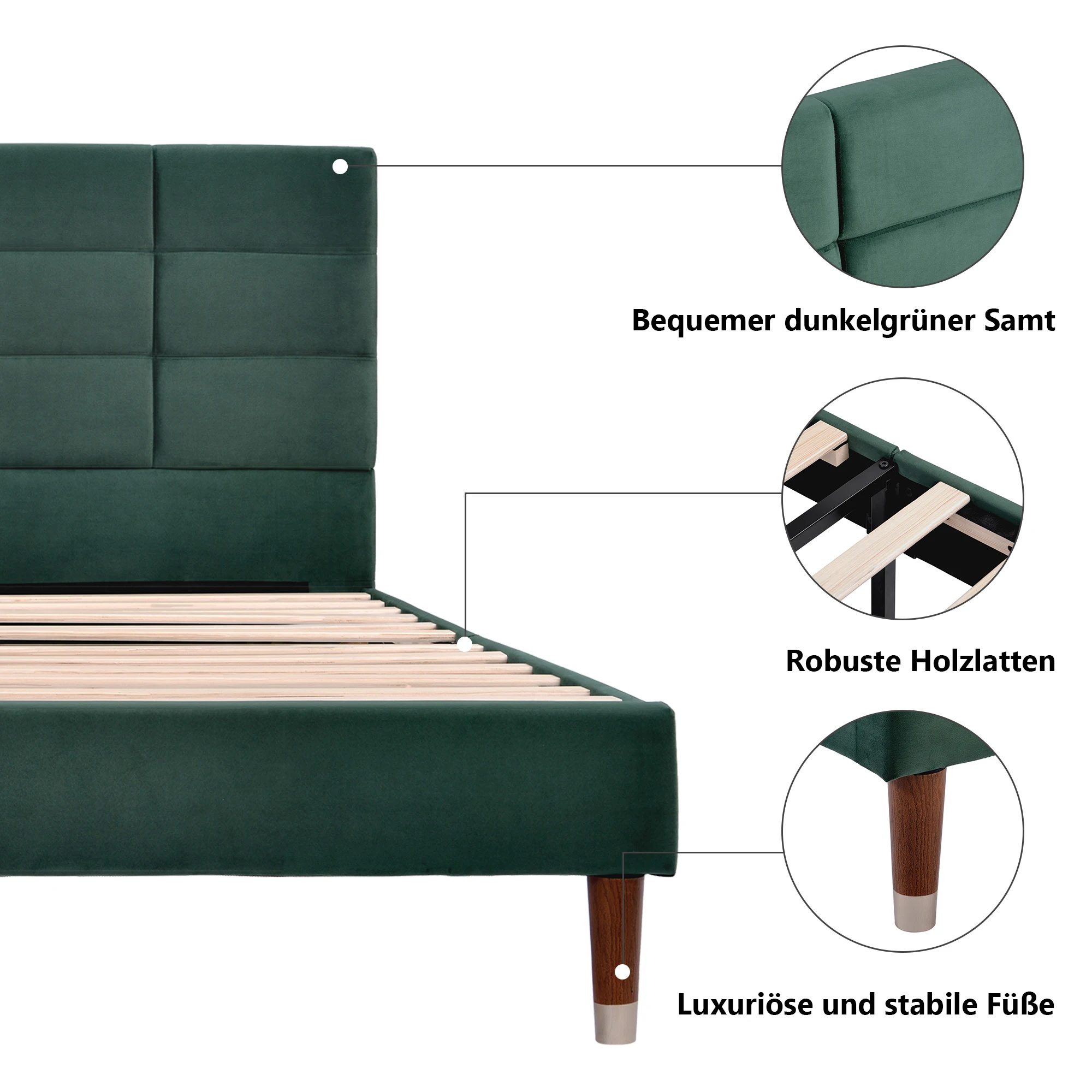 Upholstery bed double bed with slatted frame 140x200cm padded bed frame with headboard dark green velvet, for adults & youthful