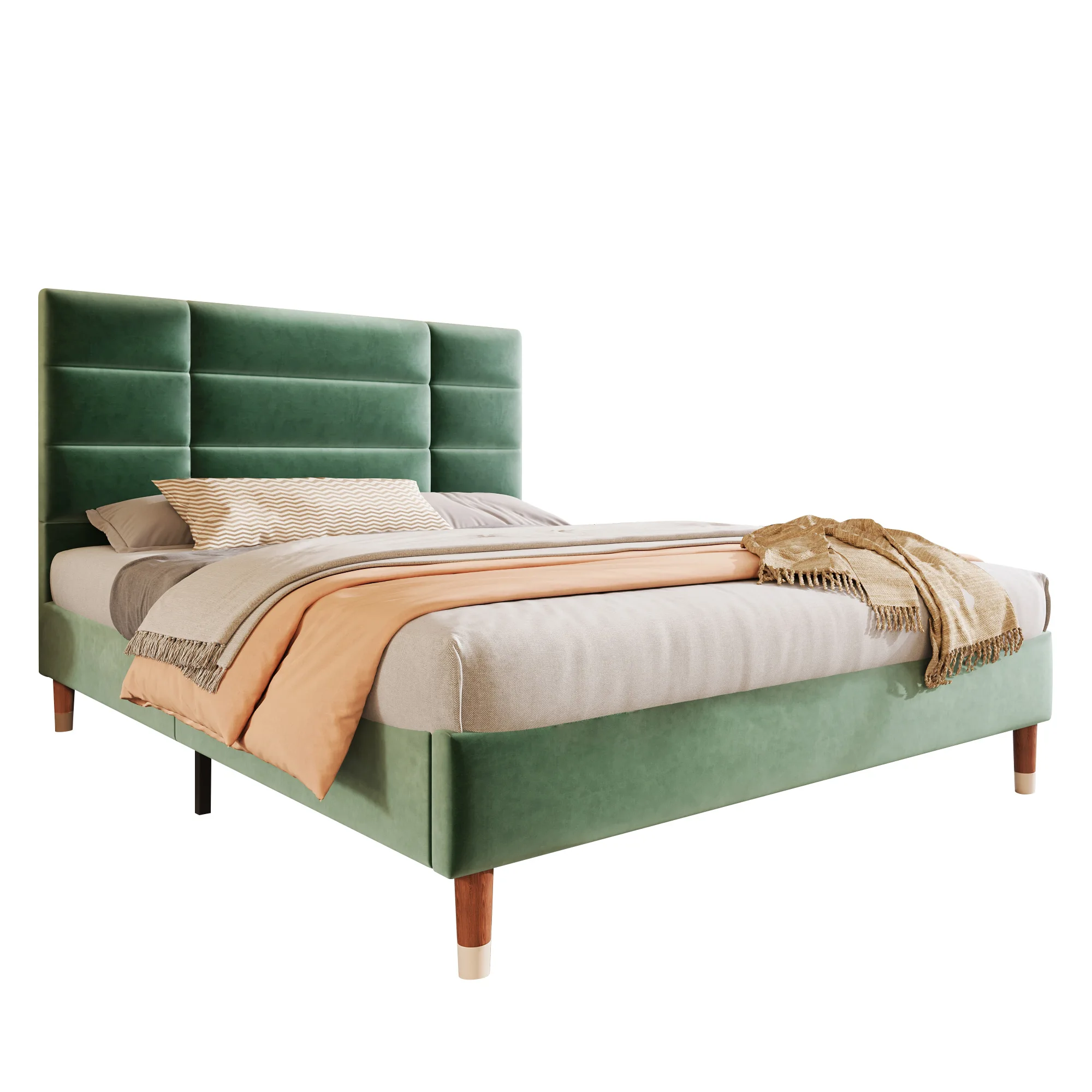 Upholstery bed double bed with slatted frame 140x200cm padded bed frame with headboard dark green velvet, for adults & youthful
