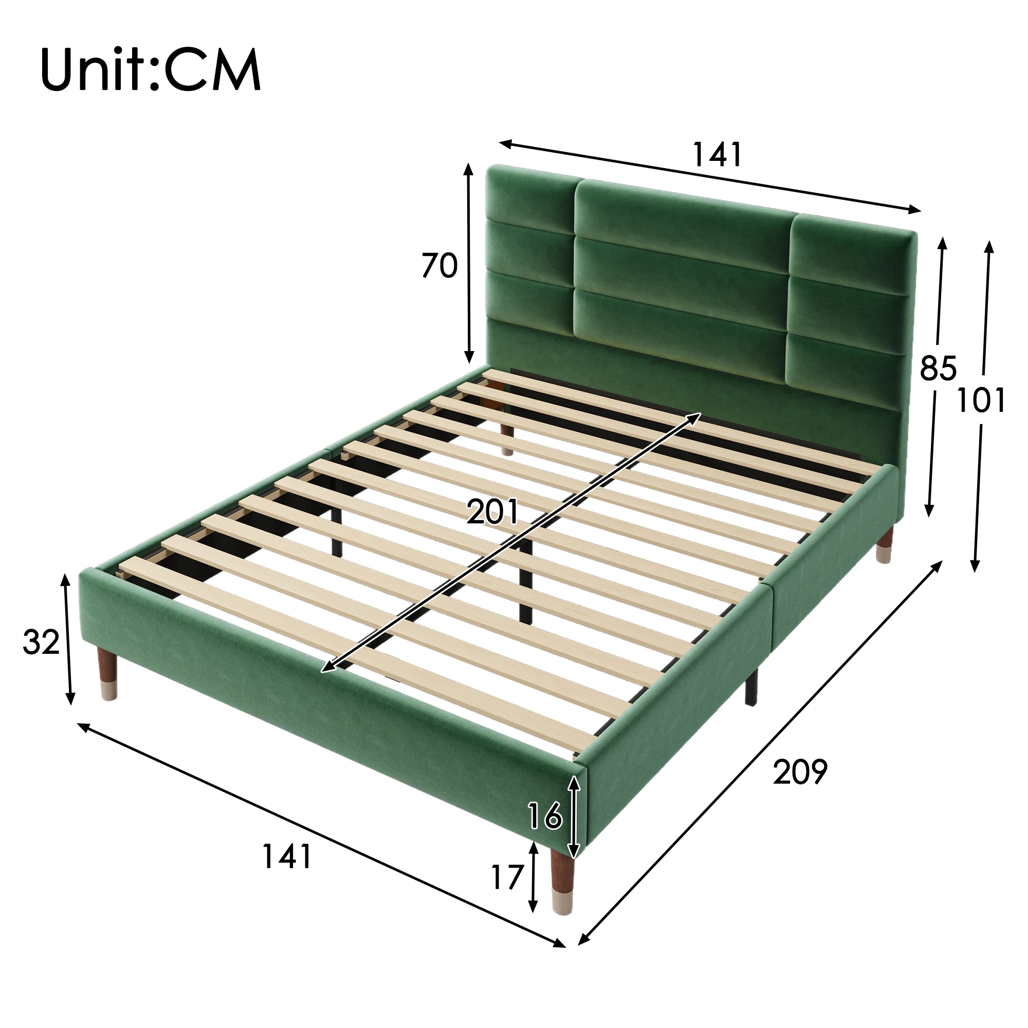 Upholstery bed double bed with slatted frame 140x200cm padded bed frame with headboard dark green velvet, for adults & youthful