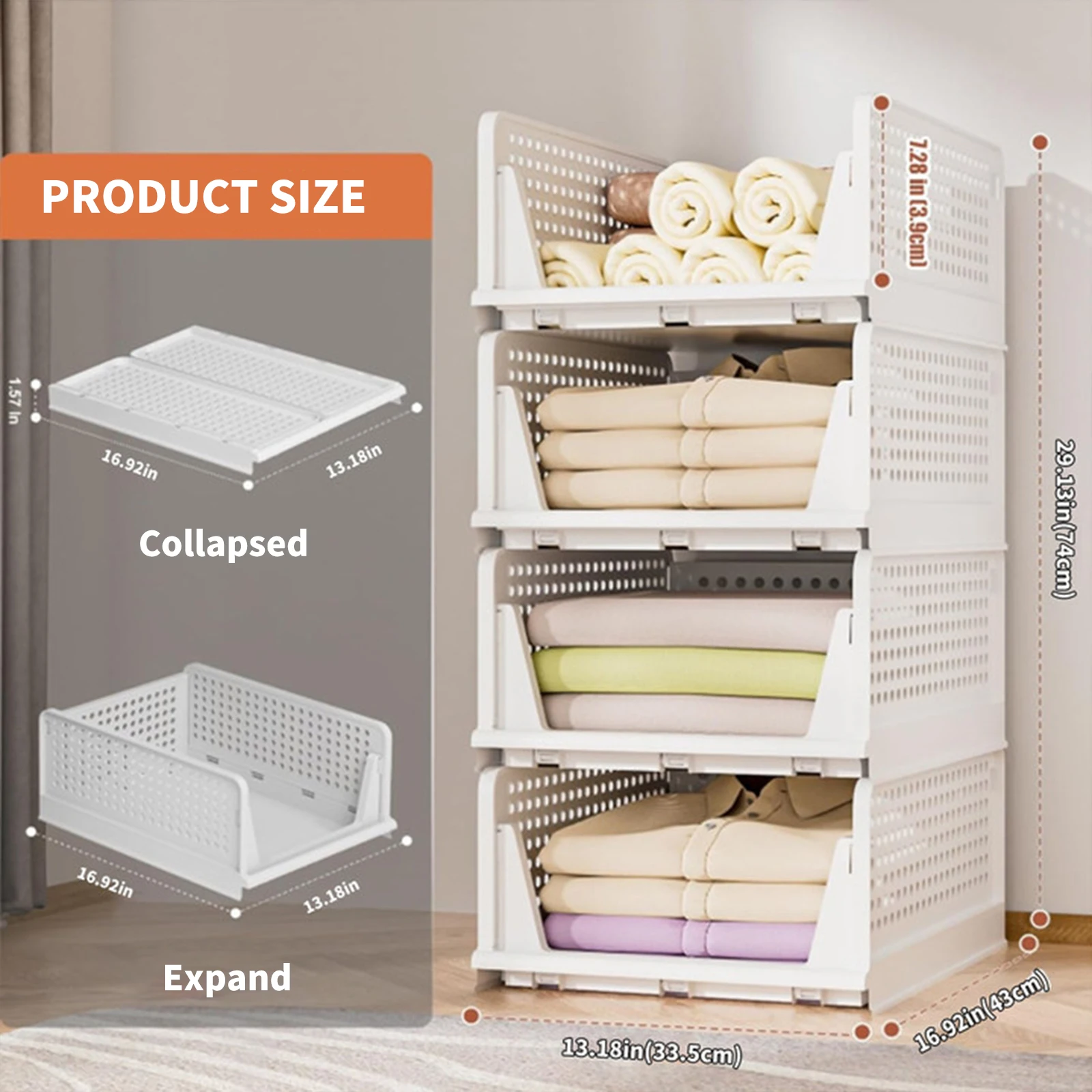 4X Foldable Wardrobe Organizer Stackable Storage Boxes Cabinet Organizer for Bedroom Kitchen Bathroom Office Slide Rail Design