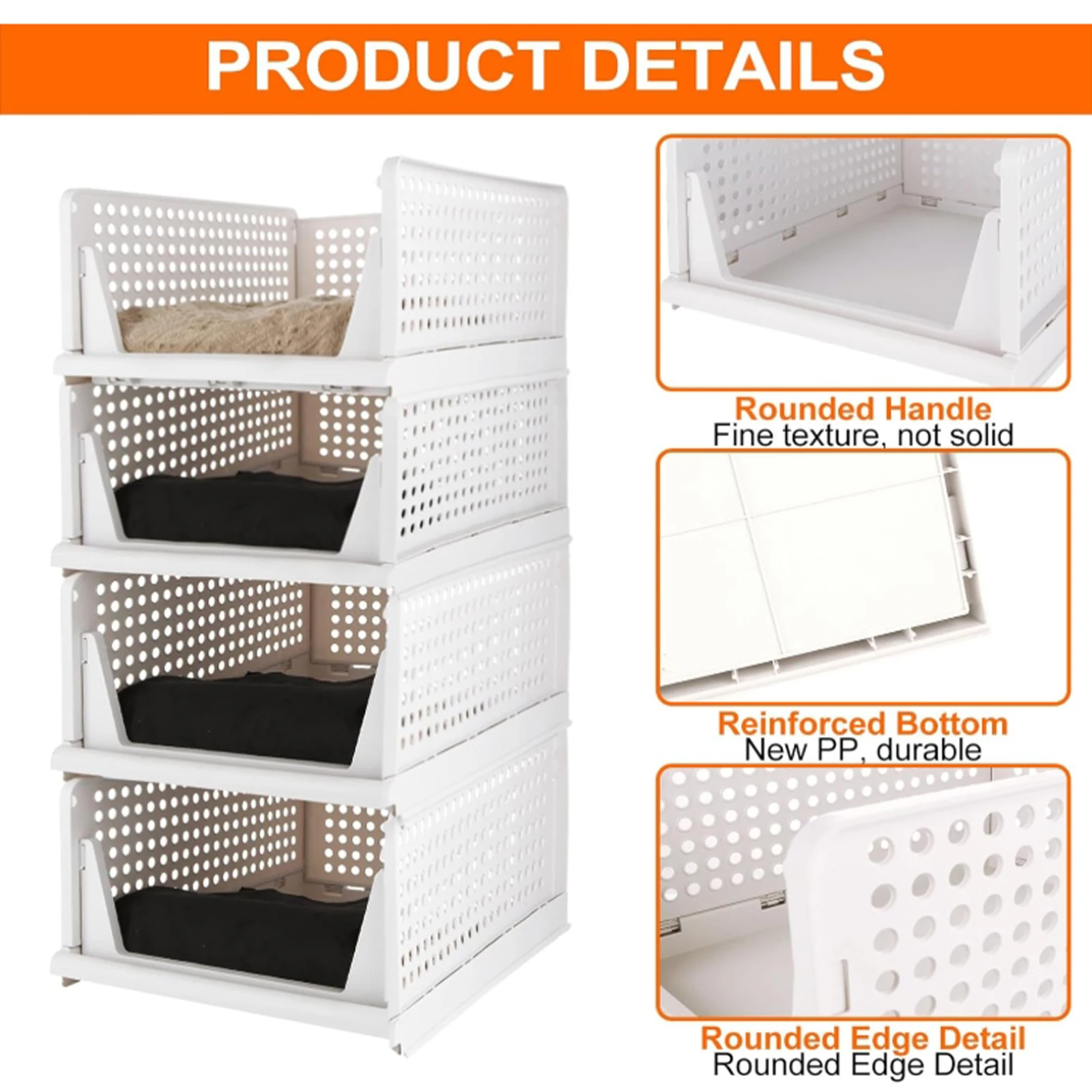 4X Foldable Wardrobe Organizer Stackable Storage Boxes Cabinet Organizer for Bedroom Kitchen Bathroom Office Slide Rail Design